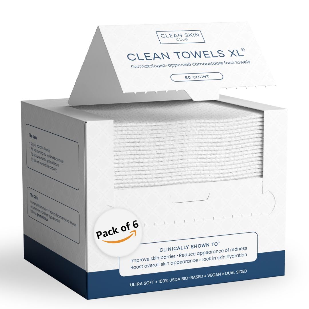 پارچه تمیز کننده Clean Skin Club Clean Towels XL™، دستمال صورت 100٪ گیاهی با استاندارد USDA، دستمال تک‌بار مخصوص صورت، تایید شده توسط انجمن اگزما، دستمال خشک کننده آرایش، بسیار نرم و خشن، 300 عدد، بسته‌بندی شش‌تایی 300 عدد (تخفیف 10٪)