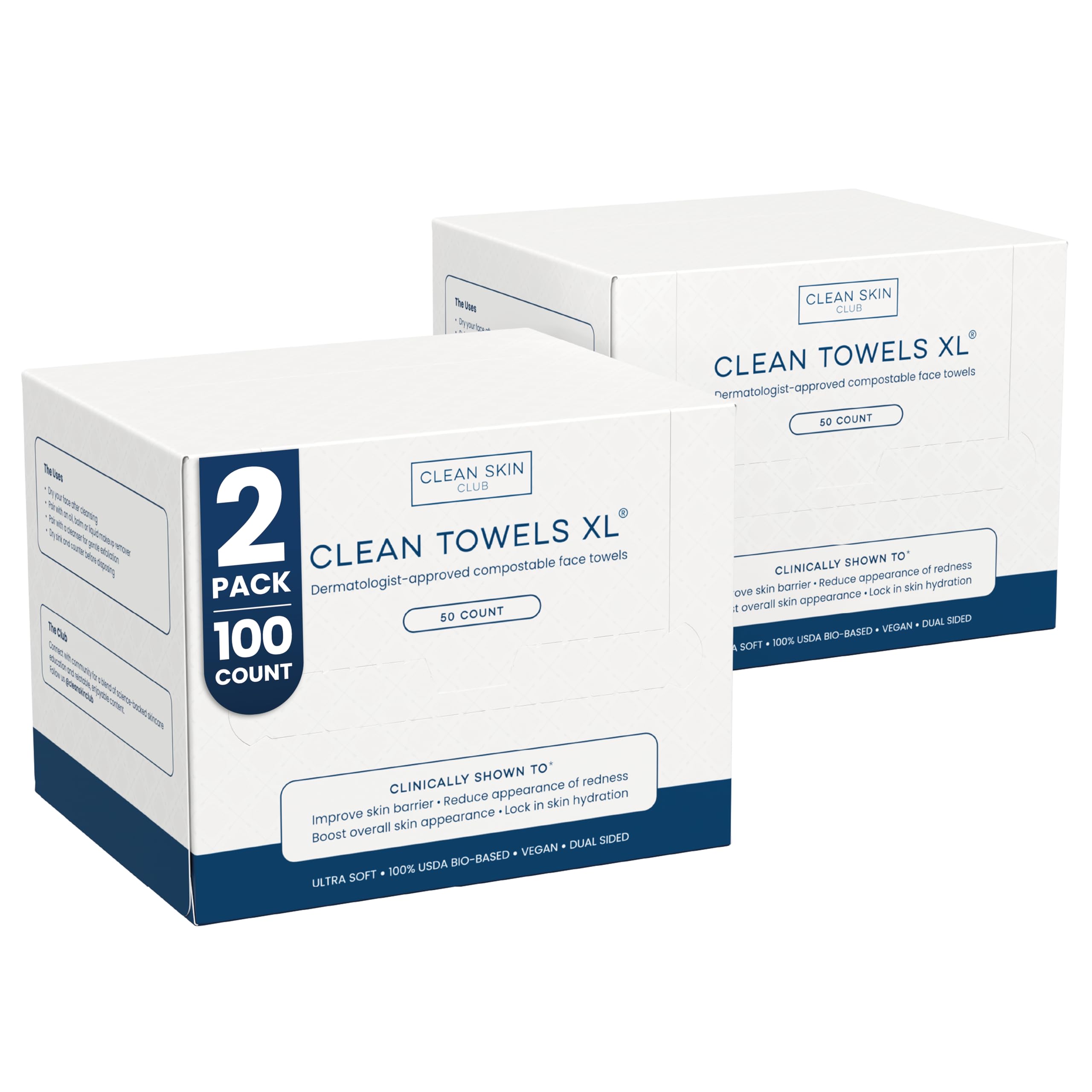 پارچه‌های تمیز کلاب Clean Skin Club XL | اولین حوله صورت قابل تجزیه زمینه جهان | دستمال‌های آرایش از بین برنده قابل دور انداختن | آزمایش‌شده توسط پوست‌پزشکی و تأیید شده | ارگانیک و بدون خشونت | برای پوست حساس (2 بسته | 100 عدد) 100 عدد (2 بسته، هر بسته 50 عدد)