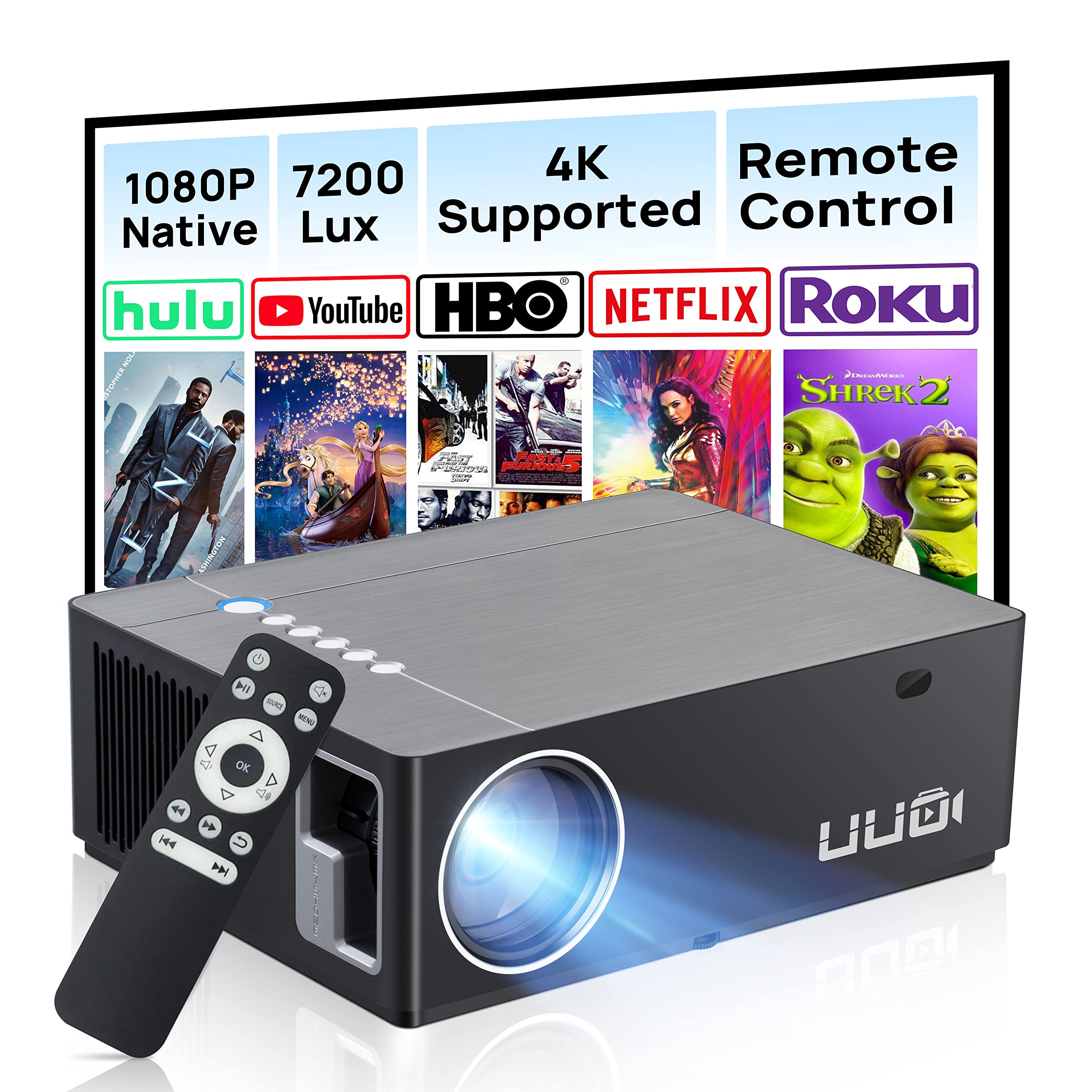 پروژکتور UUO 4K، پروژکتور نیتیو 1080P برای استفاده خارج از خانه، پشتیبانی از ویدئوی 4K HD ± 50 درجه کی‌استون دیجیتالی و منطقه پخش 300 اینچ، سازگار با TV Stick، لپتاپ، PS5، X-Box، iOS آندروید
