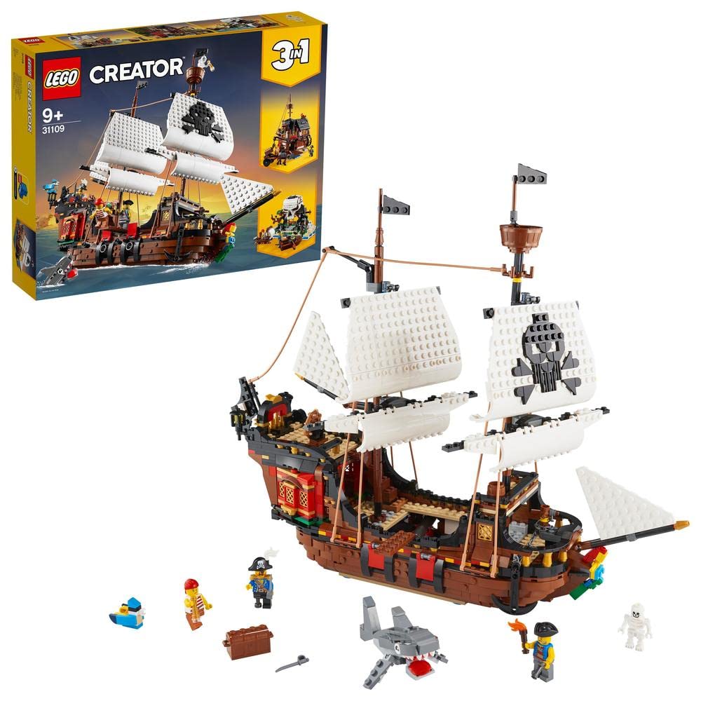 LEGO 31109 سازنده 3 در 1 قایق دزدان دریایی با این و جزیره جمجمه، هدیه برای کودکان، پسران و دختران 9 سال و بالاتر با مینی فیگورها و شکار ماهی نسخه جدید