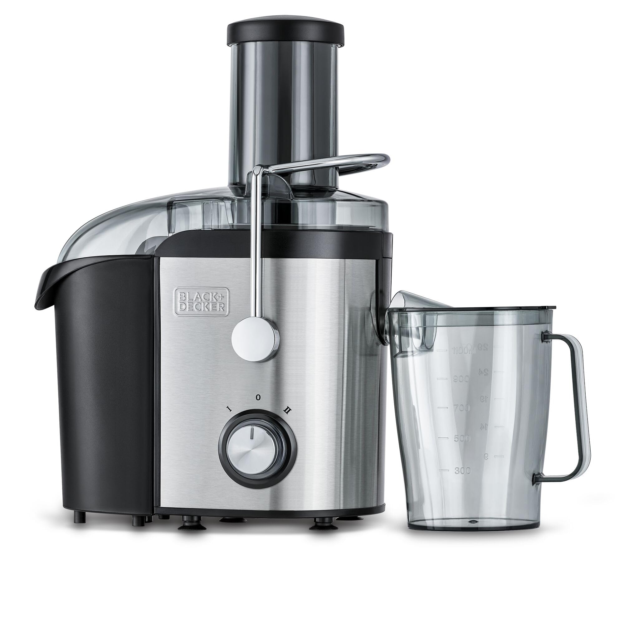 جوس‌گیری و استخراج کننده BLACK & DECKER با طراحی استیل ضد زنگ، ظرف پوست گیاهی بزرگ، 800 وات 1.7 لیتر، XL، جمع‌آور جوس 1.1 لیتر، کنترل دو سرعته برای میوه و سبزیجات - نقره‌ای/سیاه، JE800-B5