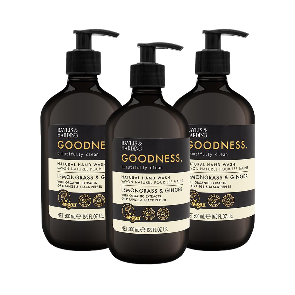 شستشو دست Baylis & Harding Goodness Lemongrass & Ginger، 500 میلی لیتر (بسته‌ای از 1 عدد) | فرمول طبیعی با عصاره‌های ارگانیک و روغن‌های اسانسیال | لوکس و تازه‌کننده | بدون پارابن | گیاهی‌گرا