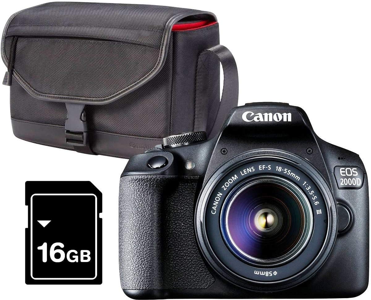 دوربین دیجیتال Canon EOS 2000D Kit SLR با رزولوشن 24.1 مگاپیکسل، قابلیت اتصال به WiFi و NFC، لنز EF-S18-55mm، کیف، و کارت حافظه SD 16GB