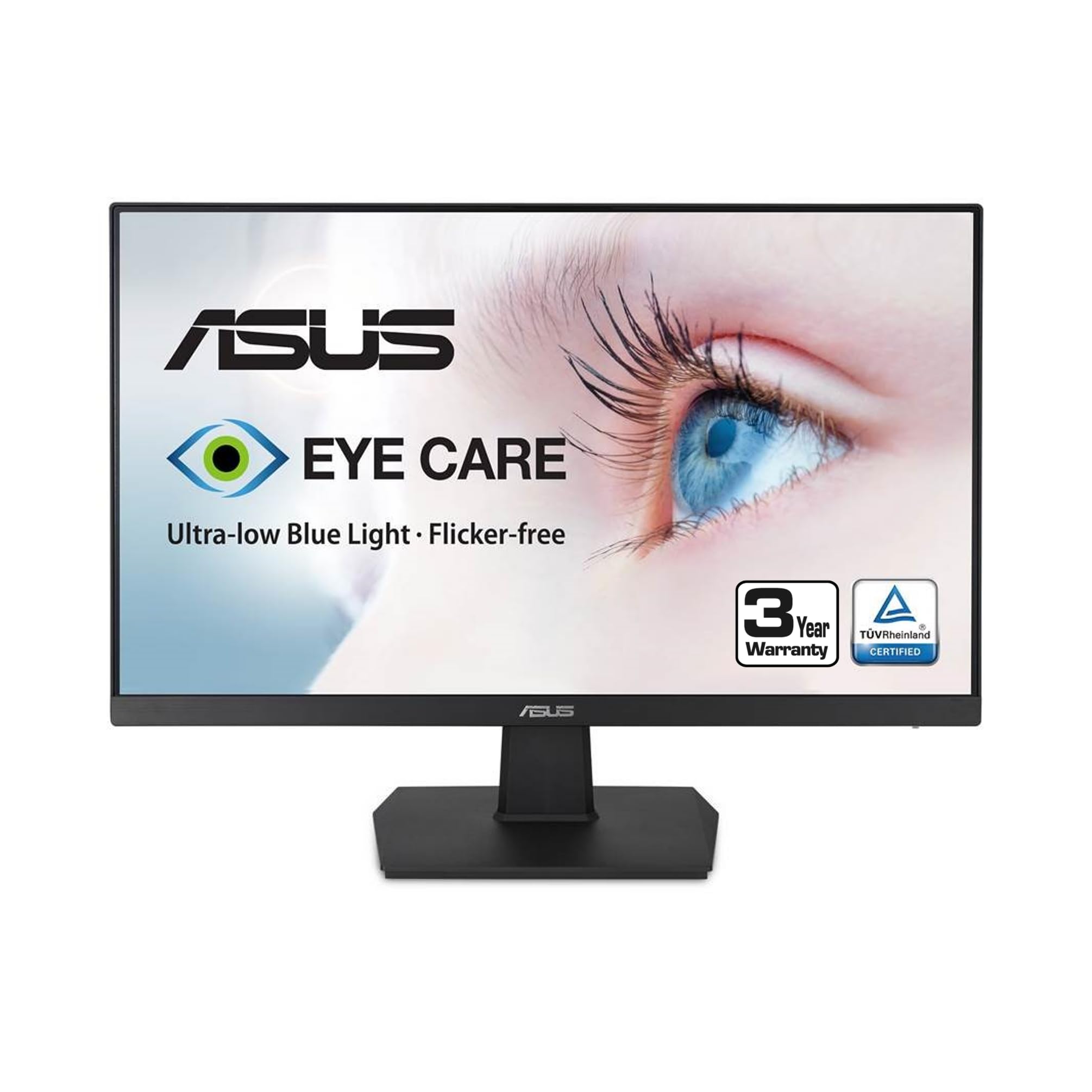 مانیتور ASUS VA27EHE 27 اینچی Eye Care با کیفیت تصویر Full HD (1920 x 1080) IPS با فرکانس تازه‌سازی 75Hz، قابلیت Adaptive-Sync، پورت‌های HDMI و D-Sub، بدون فریم و رنگ مشکی است. IPS 75Hz بدون فریم