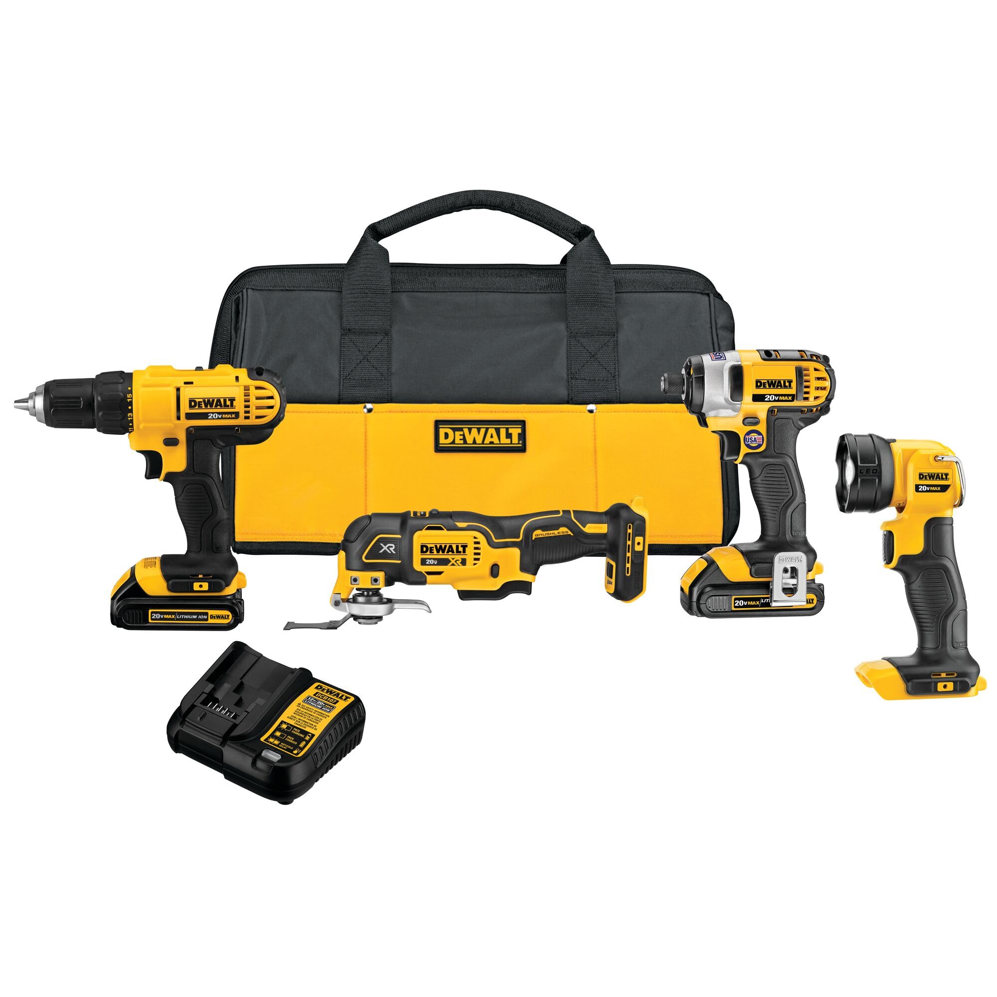 کیت کمبو ابزارهای برقی DEWALT 20 ولت حداکثر، مجموعه 4 ابزار بی‌سیم با 2 باتری و شارژر (DCK444C2) - کیت کمبو دستگاه حفاری
