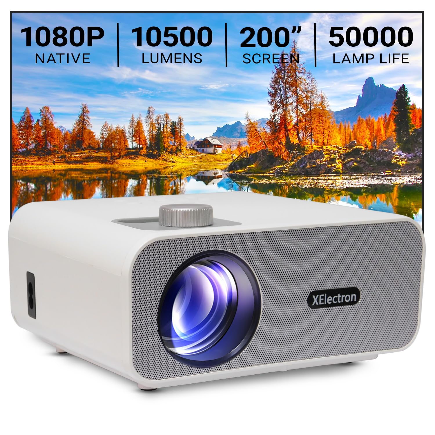 پروژکتور 4K XElectron WiFi M2 Grand Full HD (رزولوشن اصلی 1080p) برای خانه | صفحه 200 اینچ (508 سانتی‌متر) 10500 لومن | به اشتراک گذاری صفحه | بلوتوث، HDMI، USB، AV، خروجی صدا (C12، سفید) M2 Grand FHD Miracast