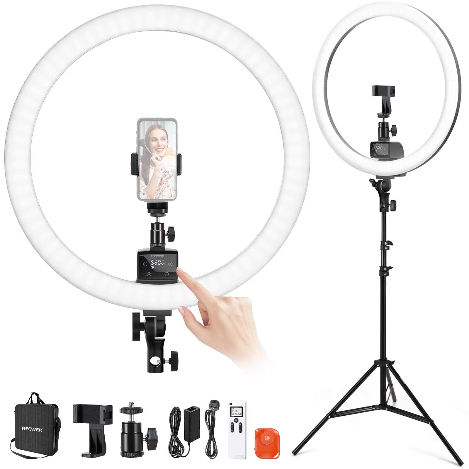لامپ حلقه‌ای LED پیشرفته Neewer با کنترل دستی لمسی و صفحه‌ی نمایش LCD، ریموت 2.4G و کنترل چندگانه‌ی نورها، با پایه ارائه شده برای آرایش، ویدیوی یوتیوب، وبلاگر، و سالن زیبایی (مشکی) RL-18 اینچ