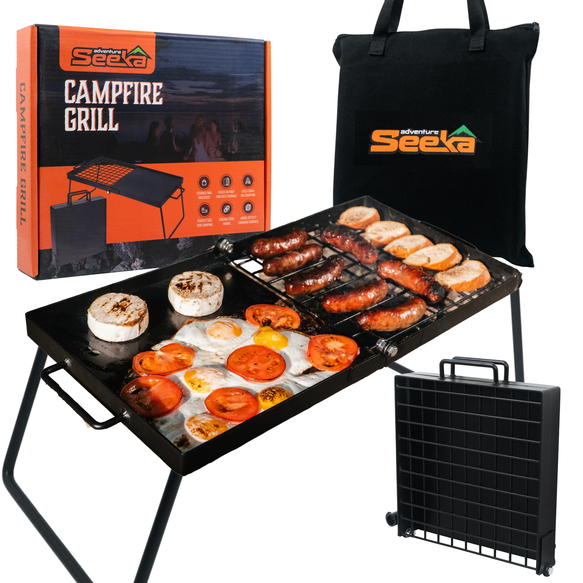 مازی‌گریل اردوگاهی تاشو Adventure Seeka Heavy Duty 24 اینچ، گریل اردوگاهی با طراحی تاشو برای ذخیره‌سازی کوچک. توری و پان گریل اردوگاهی برای پخت و پز متنوع در اردوگاه. گریل استاندارد