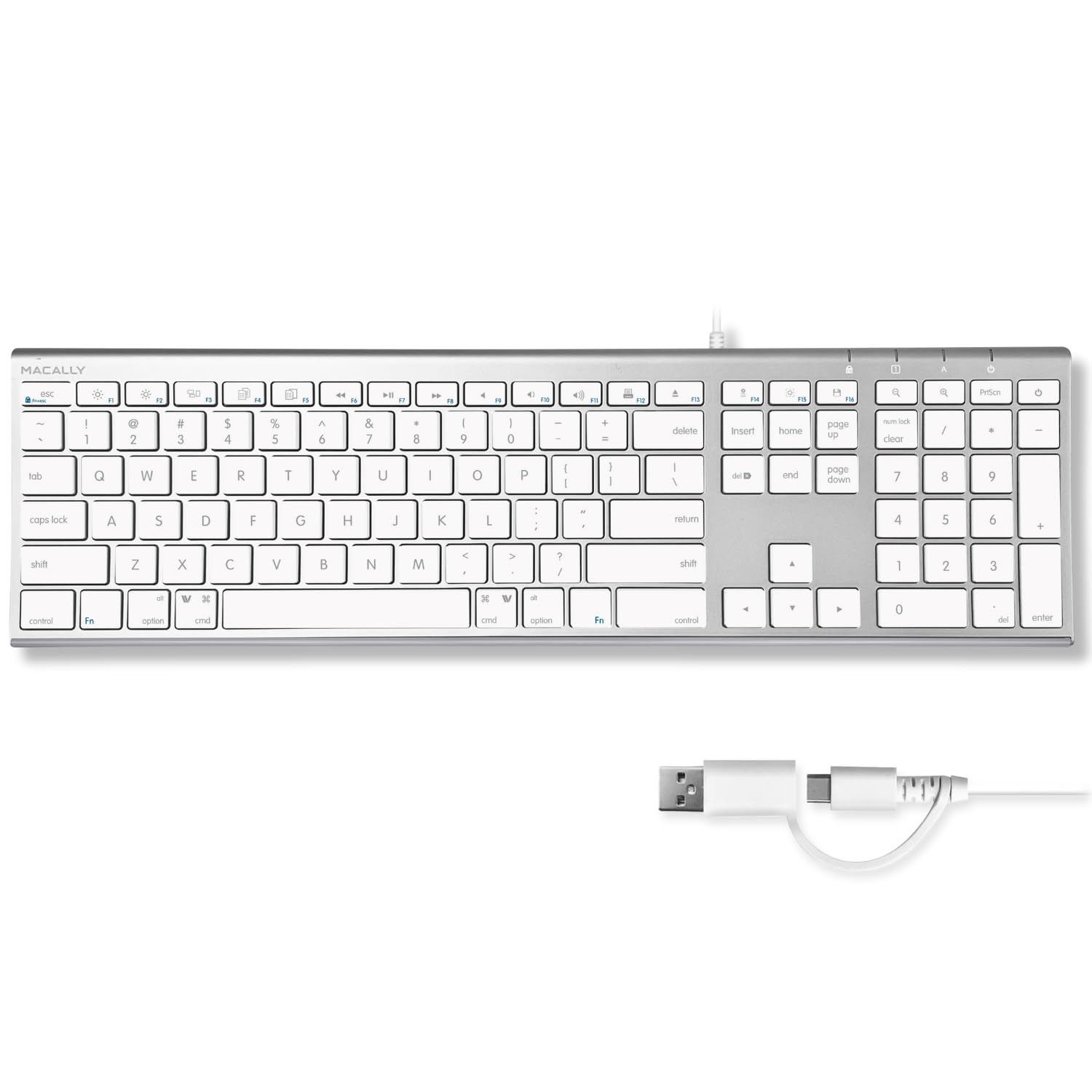 کیبورد باسیم Macally USB-C Ultra-Slim کیبورد USB نوع C برای لپ تاپ های Apple MacBook Pro/Air، کامپیوترهای رومیزی iMac Pro، iPad، Chromebook و نوت بوک - پلاگ اند پلی - بدون نیاز به درایور (آلومینیوم نقره‌ای)