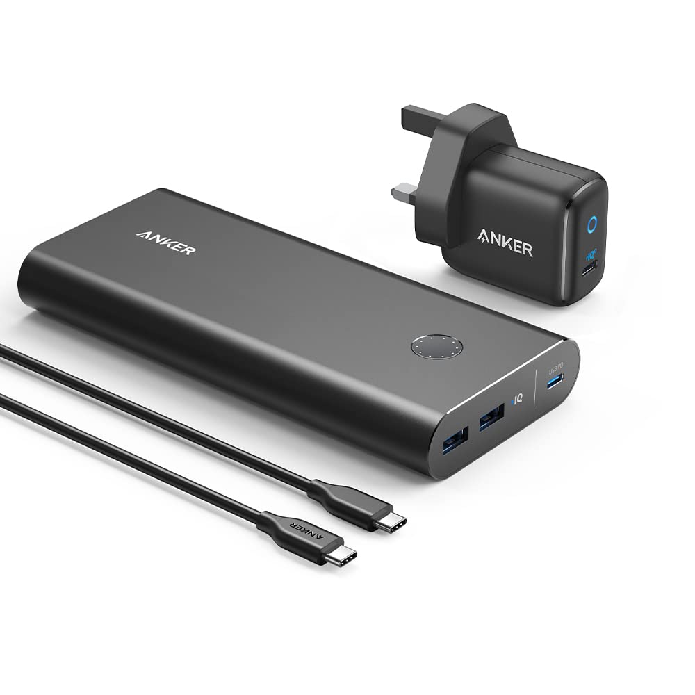 پاوربانک Anker PowerCore+ 26800mAh با شارژر 45 وات PD و 30 وات PD، باندل شارژر قابل حمل Power Delivery برای لپ تاپ‌های USB C، مک بوک ایر/پرو/دل ایکس پی اس/آیپد پرو 2018، آیفون 15 پرو/پرو مکس/14/13 سری، و موارد بیشتر - رنگ مشکی 26800mAh.