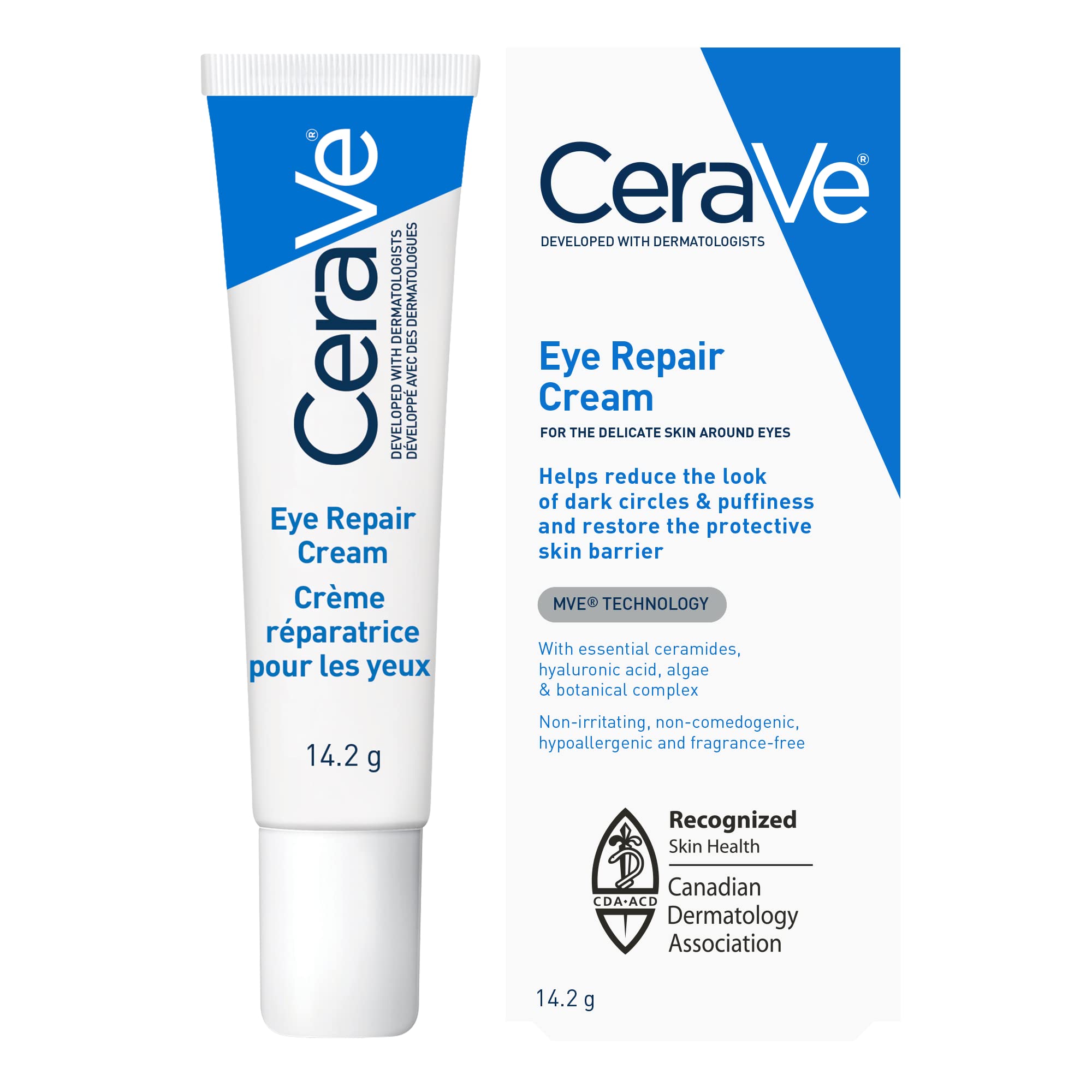 کرم چشم CeraVe با اسید هیالورونیک برای پف و تیرگی زیر چشم، تست شده توسط چشم پزشک برای منطقه حساس چشم، بدون عطر، ۱۴.۲ گرم