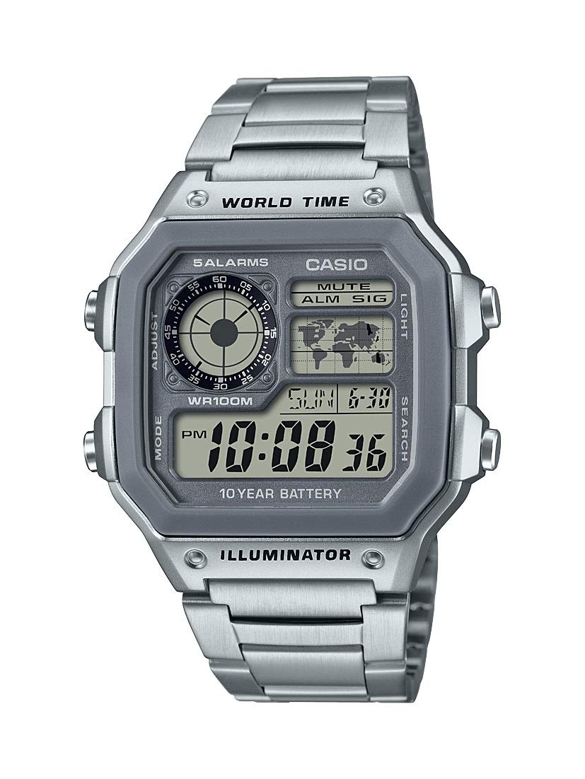 سری Casio AE1200WH | ساعت دیجیتال مردانه | 100 متر ضد آب | چندین هشدار | کرونومتر 100 ثانیه | تایمر شمارش معکوس | نقشه جهانی برای زمان جهانی | چراغ LED | نمایشگر آنالوگ LC | باتری 10 ساله اسپرت نقره ای
