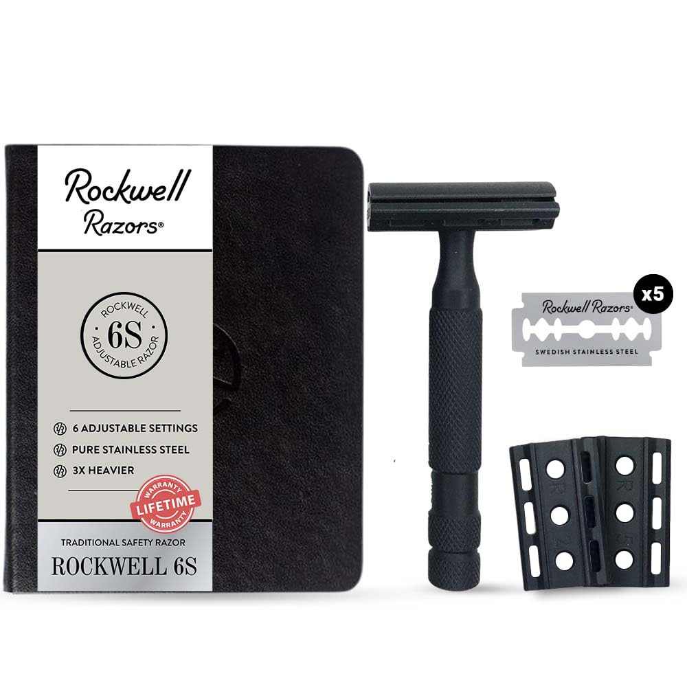 رازور ایمنی دو لبه فولاد ضد زنگ قابل تنظیم Rockwell 6S + 5 تیغ رازور فولاد ضد زنگ سوئدی... (مشکی)
