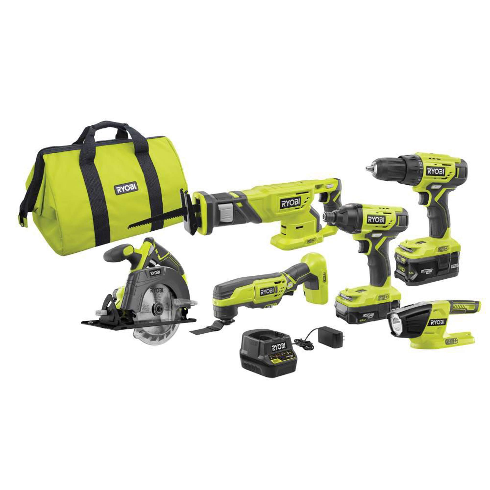 مجموعه کامبو لیتیوم یون ۱۸ ولت یک پلاس RYOBI P1819 (شامل ۶ ابزار: دریل/درایور، درایور ضربه، اره برش متقابل، اره برش دائری، ابزار چندمنظوره، چراغ کار ال‌ای‌دی، باطری ۴.۰ آمپر و ۱.۵ آمپر، شارژر، کیف)