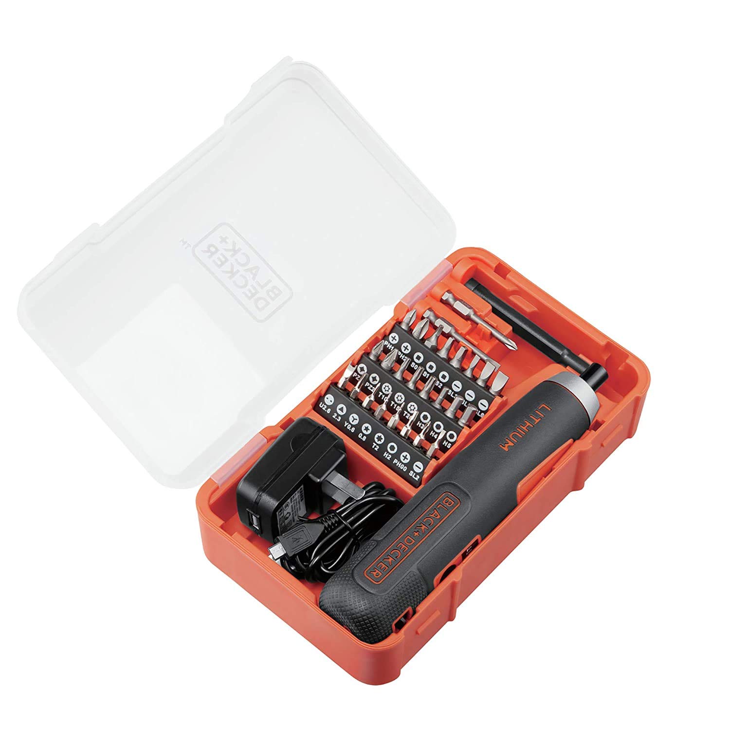 درایور برقی بی سیم Black & Decker 4V 5Nm Li-Ion با سیستم Push & Go و 27 قطعه لوازم جانبی در جعبه کیت برای پیچ گوشتی زنی، بسته بندی و خراشیدن سیم، نارنجی / سیاه - مدل BD40K27-B5 با ولتاژ ۳.۶ ولت + بیت های پیچ گوشتی