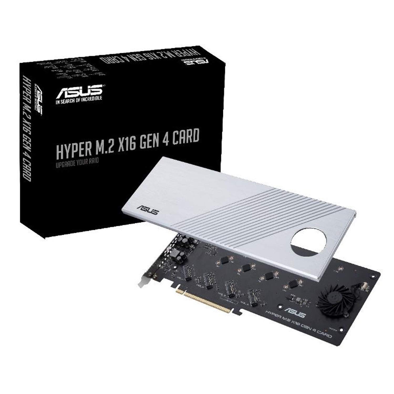 کارت توسعه Asus Hyper M.2 X16 PCIe 4.0 X4 پشتیبانی از 4 حافظه‌ی NVMe M.2 (2242/2260/2280/22110) تا 256 گیگابایت بر ثانیه برای پردازنده‌های AMD Ryzen سری 3 و سوکت AM4 و Intel VROC NVMe RAID (مدل مشکی)