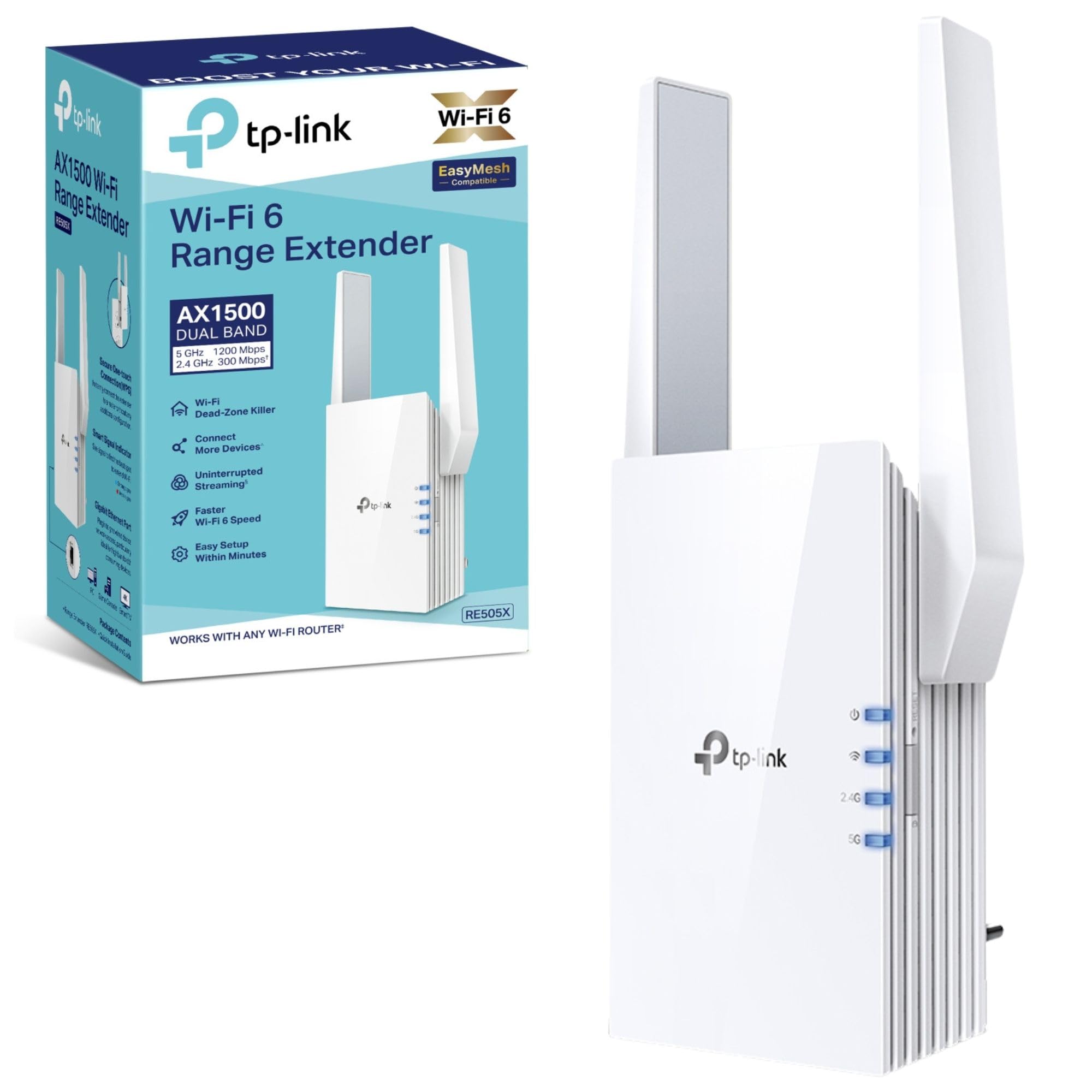 تقویت‌کننده محدوده Wi-Fi 6 Next Gen OneMesh AX از TP-Link، حالت نقطه دسترسی، مدل RE505X، تقویت‌کننده Wi-Fi AX1500 با آنتن‌های خارجی جدید، تقویت‌کننده محدوده Wi-Fi 6.