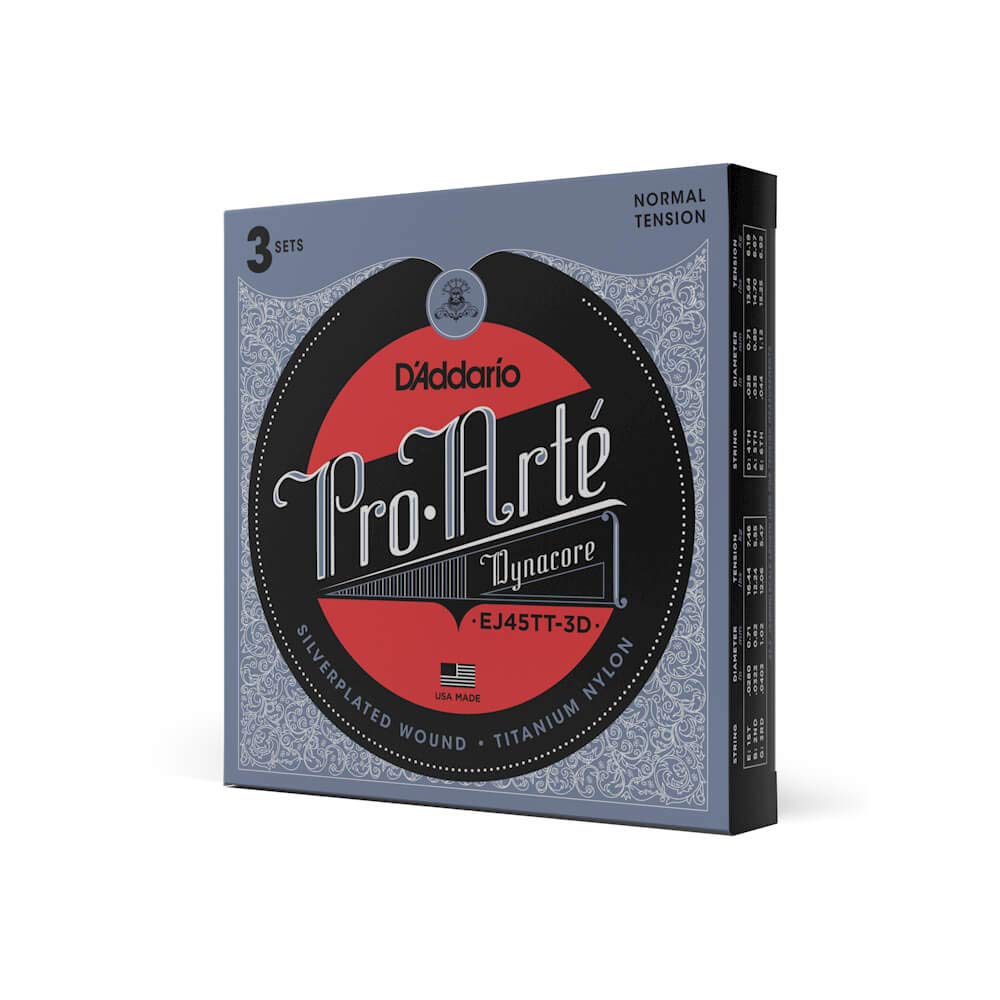 رشته های گیتار D'Addario - رشته های گیتار کلاسیک Pro-Arte - EJ45TT-3D Dynacore - بافت نقره ای، Dynacore تركيبی، تركيبی تیتانیوم نایلون - تنش معمولی، بسته 3 عددی 3-Pack Single Normal