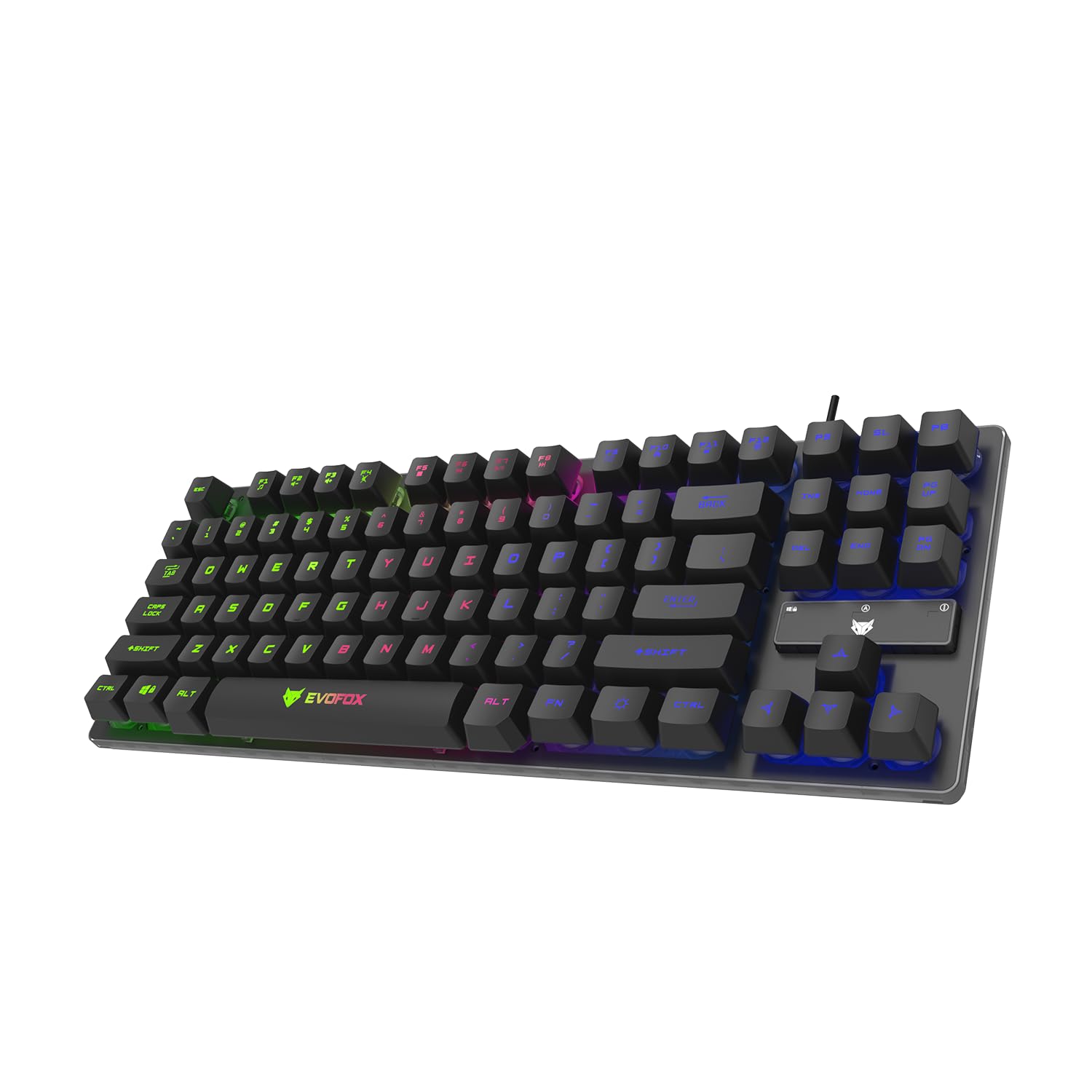 صفحه کلید بازی EvoFox Fireblade TKL نیمه مکانیکی با نور پس زمینه رنگارنگ و افکت تنفسی، کی‌کپ‌های شناور، 19 قابلیت ضد همزمانی و 12 کلید چندرسانه‌ای، کلید قفل ویندوز، کابل بافته شده (مشکی)