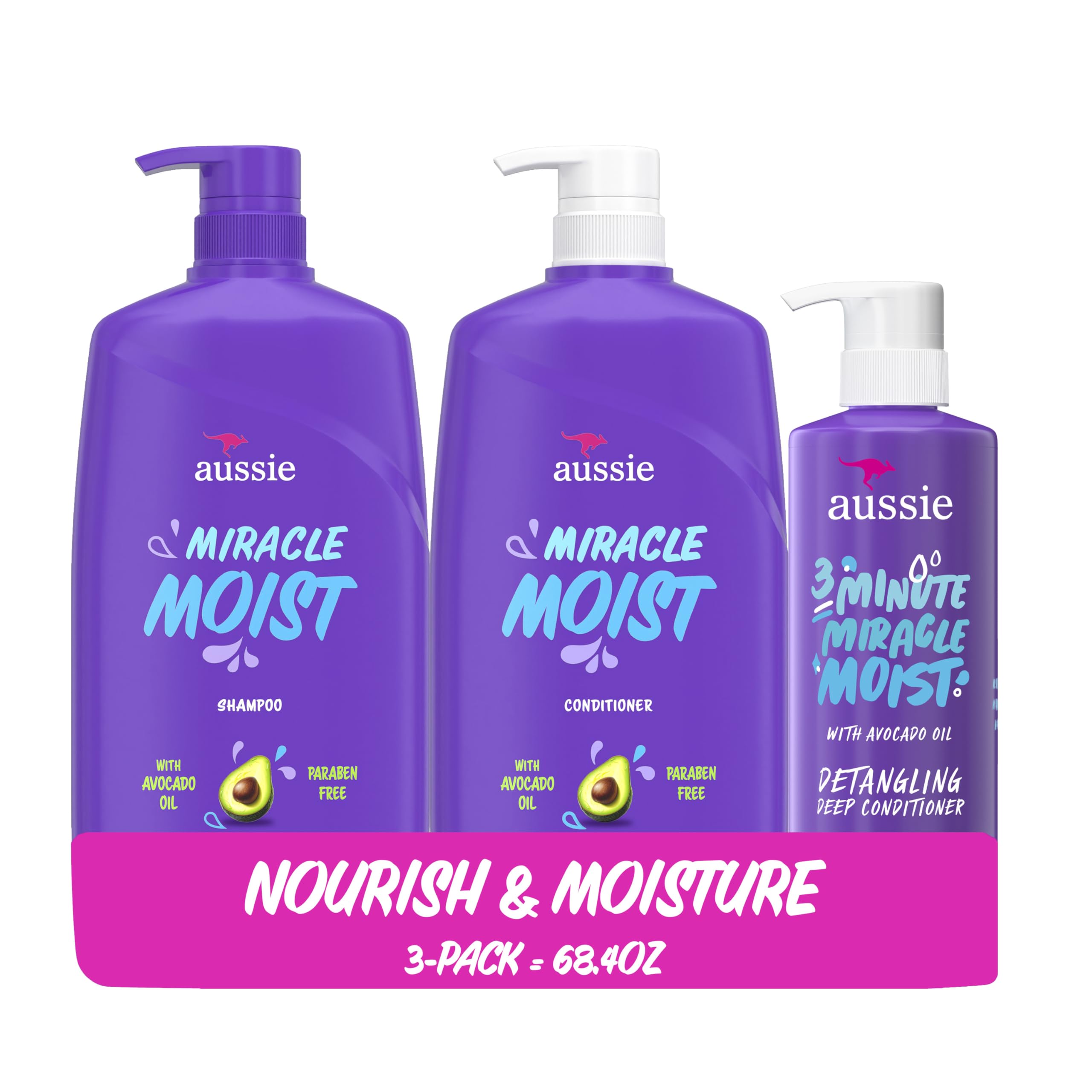 مایع شستشو کننده مو Aussie Miracle Moist و ماسک عمیق ۳ دقیقه‌ای Aussie Miracle بسته نرم‌کننده مو، حاوی روغن آووکادو و جوجوبا استرالیایی، بدون پارابن، سفید، مرکبات، مجموعه ۳ تکه بدون عطر ۳ تکه