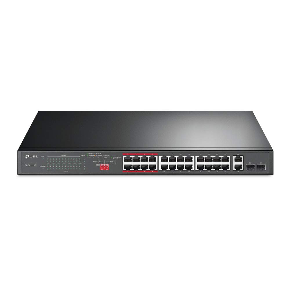 سوئیچ PoE+ دو پورت گیگابیت بدون مدیریت 24 پورت TP-Link با سرعت 10/100 مگابیت در ثانیه + 2 پورت گیگابیت با 2 اسلات Combo Gigabit SFP (24 پورت PoE+ + 2 پورت RJ45 گیگابیت + 2 اسلات SFP، 250 وات، نصب روی رک)(TL-SL1226P) 24 پورت FE + 2 پورت گیگابیت + 2 اسلات SFP 26 پورت | 24 پورت PoE+ | 250 وات
