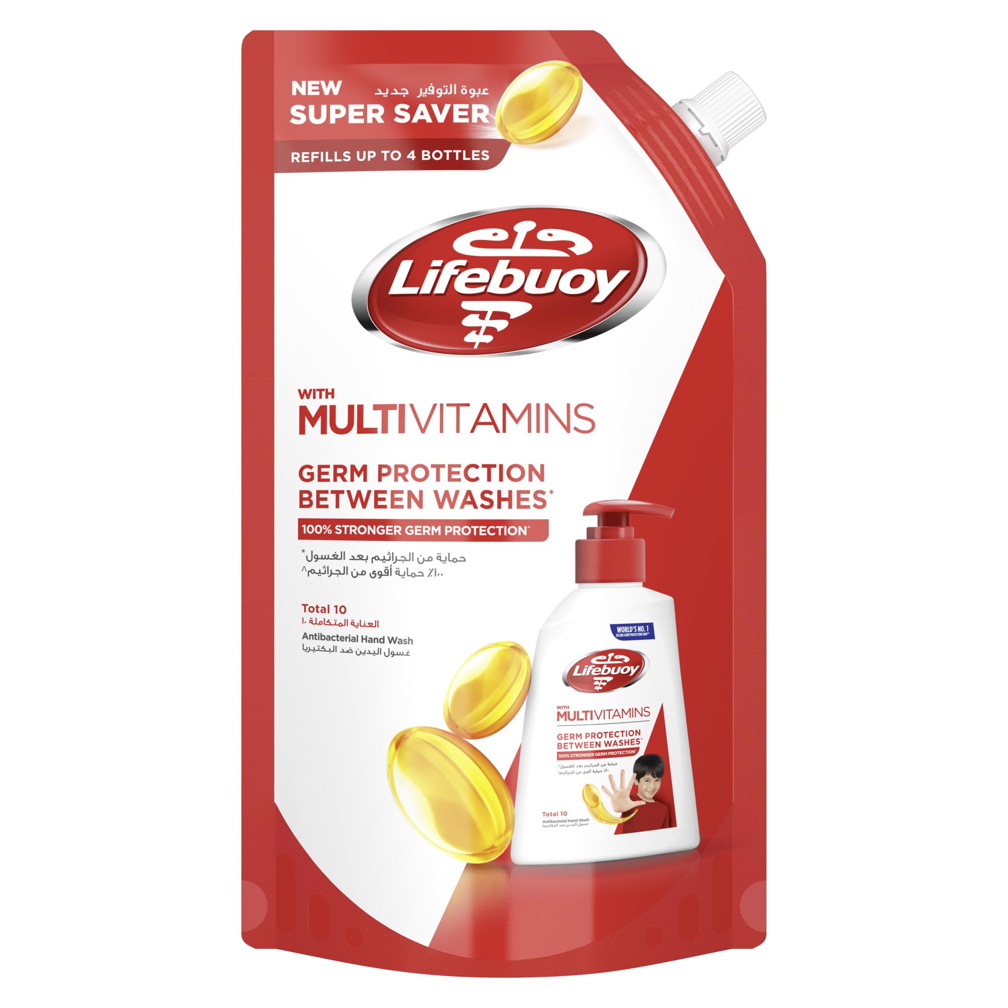 شستشوی دست LIFEBUOY بازسازی کرنش، کل 10، برای حفاظت 100٪ قوی‌تر در برابر میکروب‌ها در 10 ثانیه، 1 لیتر کل 10+