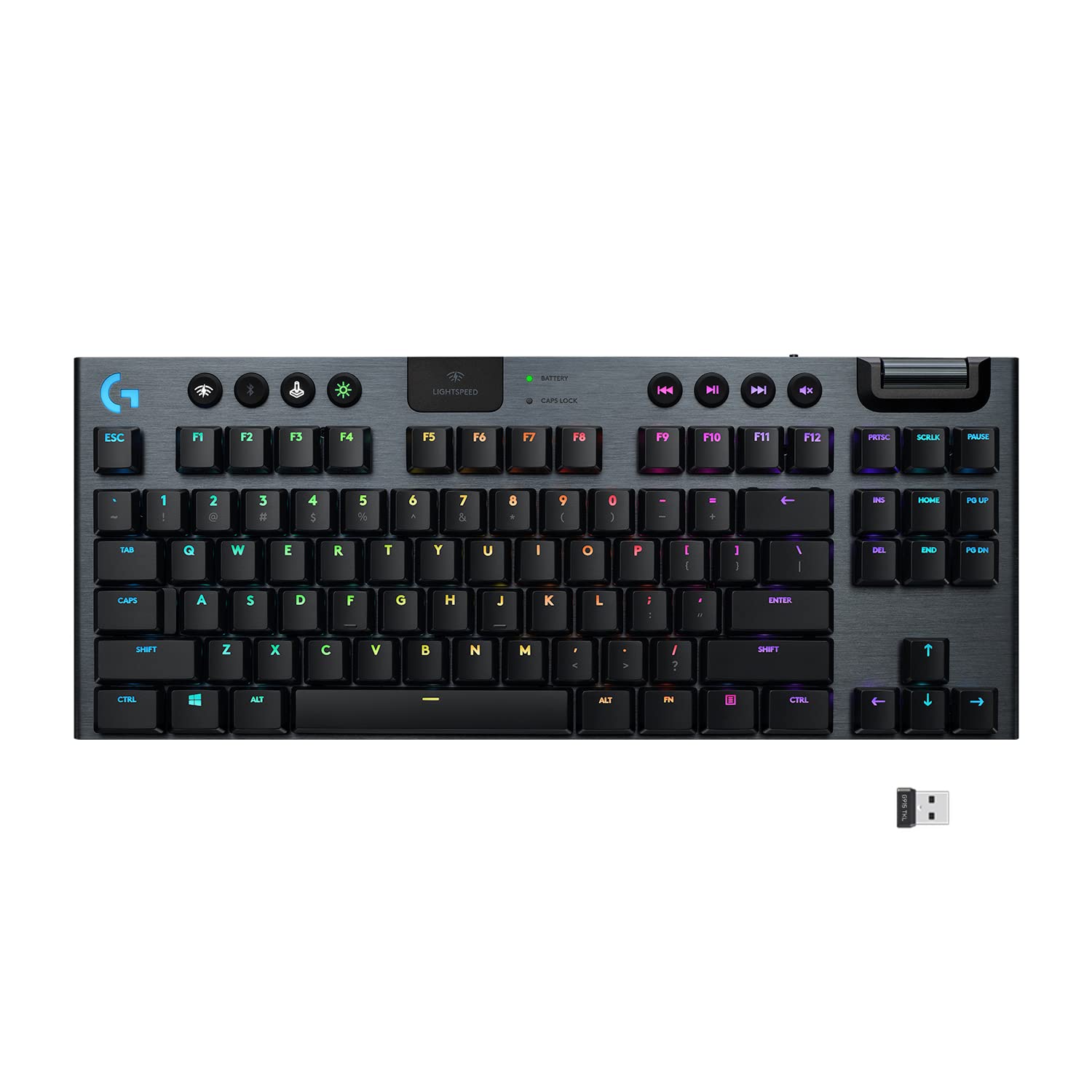 صفحه‌کلید بازی مکانیکی بی‌سیم Logitech G915 TKL Tenkeyless Lightspeed، گزینه‌های سوییچ پروفیل پایین، رابط کاربری سینک رنگی Lightsync RGB، پشتیبانی بی‌سیم پیشرفته و بلوتوث - مدل مشکی تاکتیل مدرن TKL