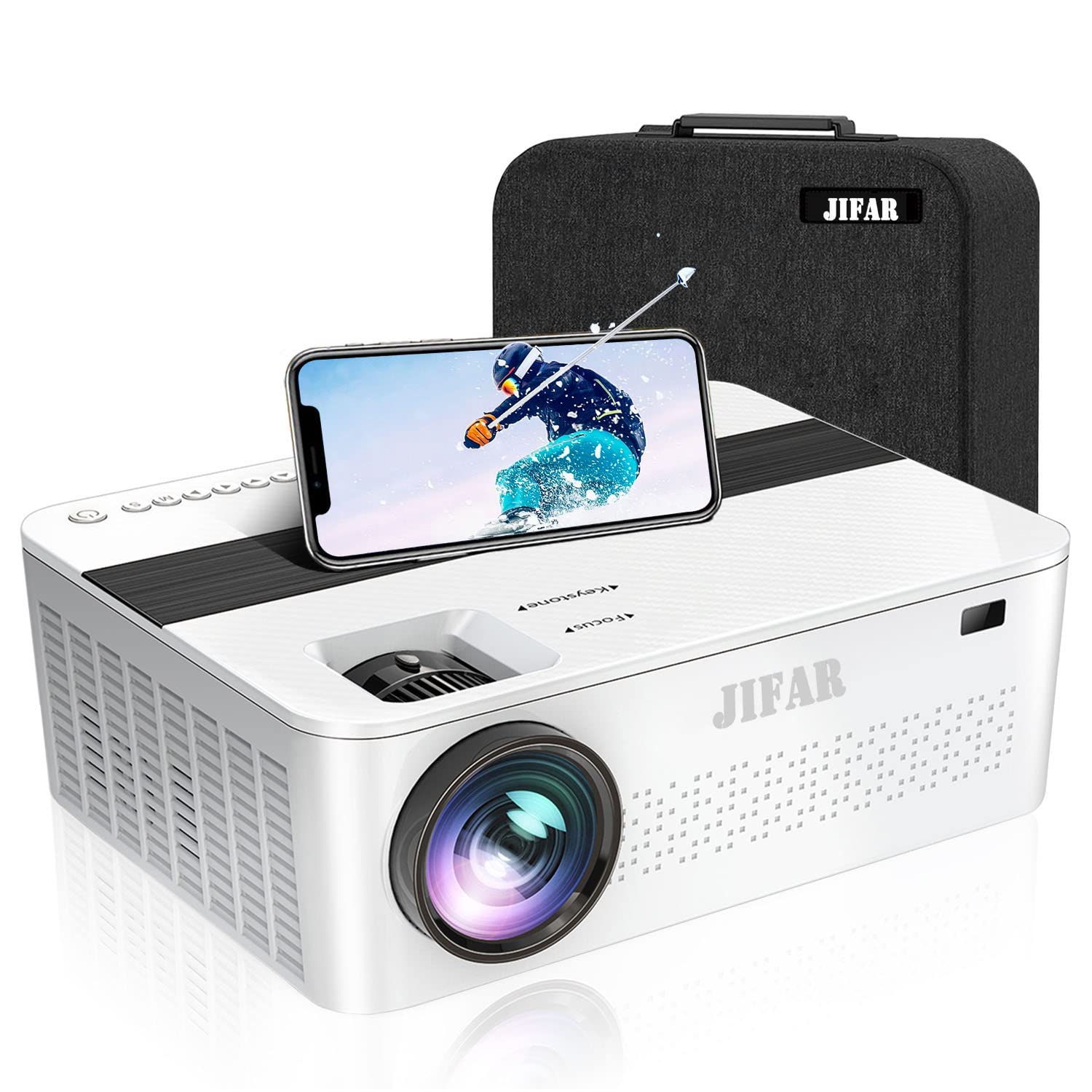 پروژکتور HD JIFAR 1080p 7000 لومنز، صفحه 400 اینچ، زوم 4K، پروژکتور تجاری و خانگی و فضای باز، سازگار با TV stick، HDMI، VGA، USB، گوشی هوشمند، کامپیوتر شخصی، Xbox