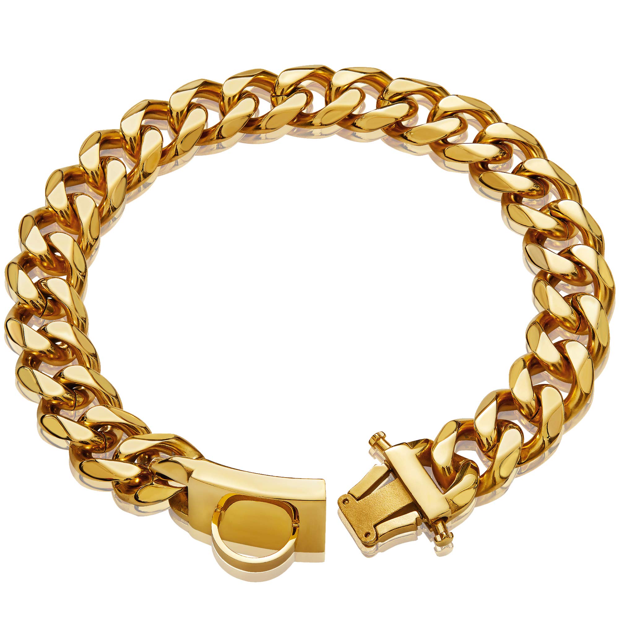 زنجیر سگ طلایی همراه با بند گردن، زنجیر فلزی با طراحی قفل بند و دارای تگ شناسایی سگ، زنجیر کوبان لینک 18K قوی و باریک مناسب برای سگ‌های کوچک نژاد پیتبول آمریکایی و شپرد آلمانی (19 میلی‌متر، 16 اینچ) 40.64 سانتی‌متر