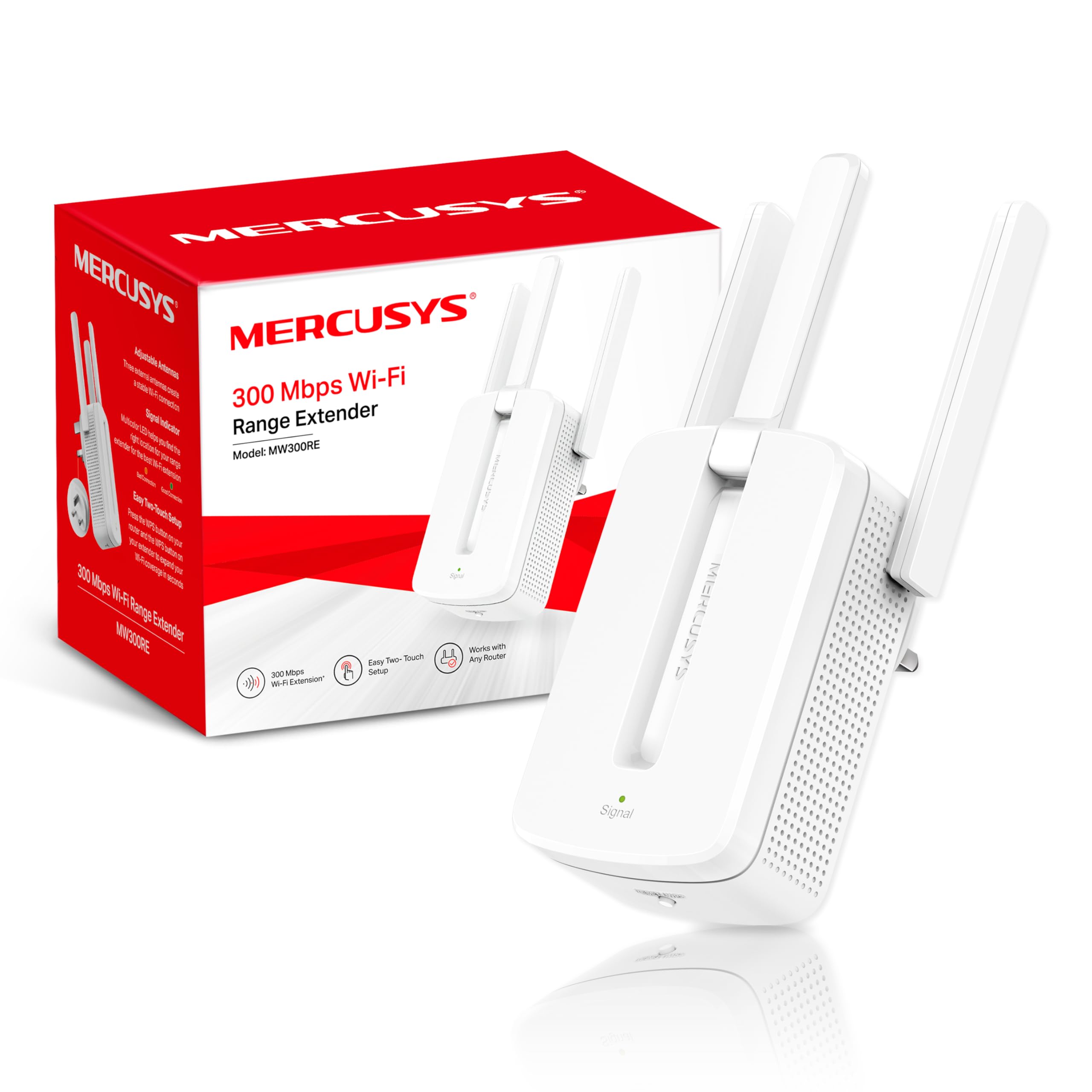 تقویت کننده WiFi Mercusys MW300RE N300، با سرعت تا ۳۰۰ مگابیت بر ثانیه در فرکانس ۲.۴ گیگاهرتز، تقویت کننده سیگنال بی‌سیم و نقطه دسترسی.