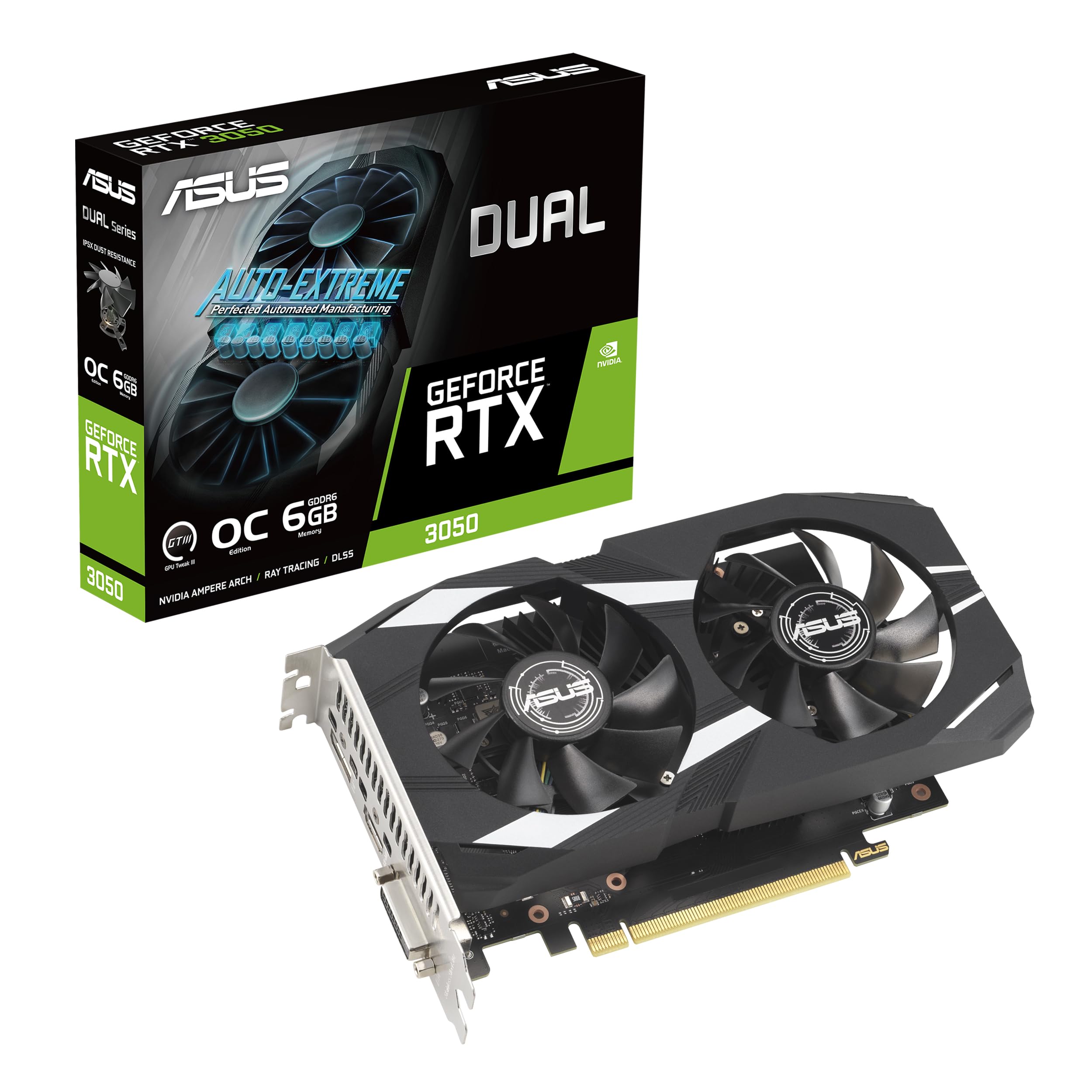کارت گرافیک بازی ASUS GeForce RTX 3050 6G DUAL OC - 1537MHz Boost Clock، GDDR6، PCIe Gen 4، DLSS 2، 3 x DP v1.4a، 1 x HDMI 2.1 (پشتیبانی از 4K)