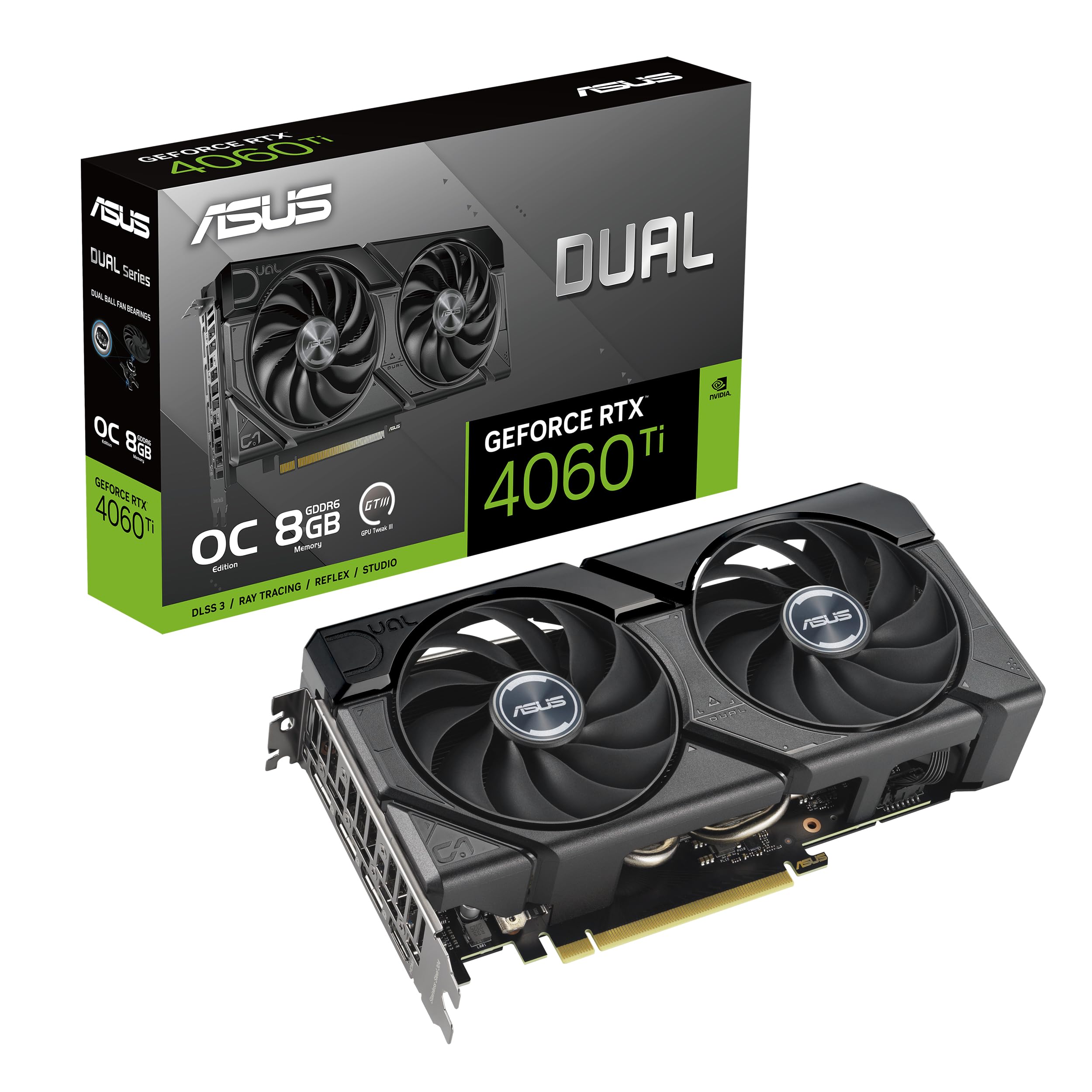 کارت گرافیک Asus Dual GeForce RTX 4060 Ti EVO OC Edition، حافظه 8 گیگابایتی GDDR6 128 بیتی، سرعت Boost Clock 2565 مگاهرتز، 4352 هسته CUDA، سرعت حافظه 18 گیگابایت بر ثانیه، پورت PCI Express 4.0 - رنگ سیاه