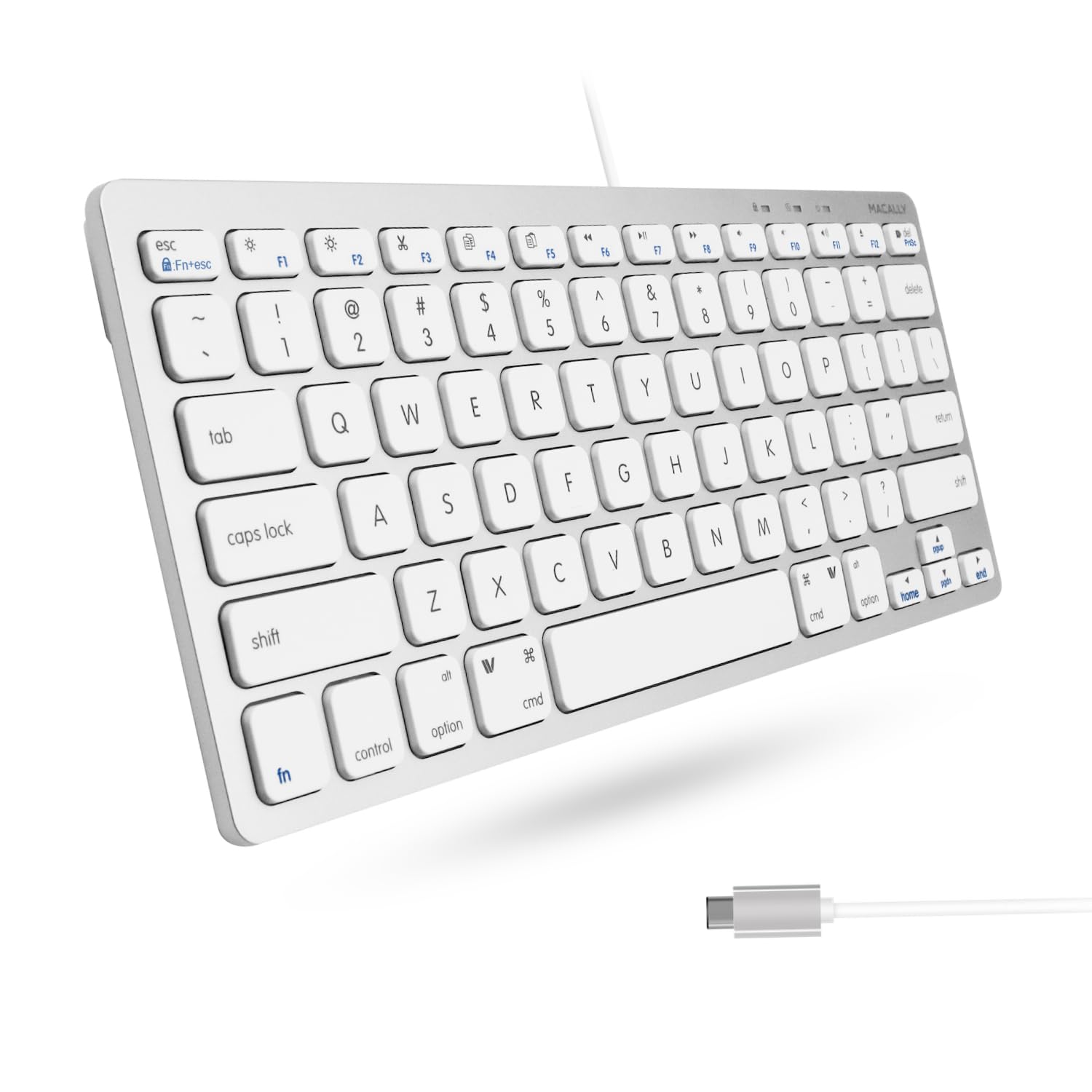 کیبورد USB C کوچک Macally - Plug & Play سازگار با کیبورد اپل باسیم برای Mac mini، MacBook Pro/Air، آی‌مک، آیپد، ویندوز، کرومبوک با پورت USBC - کوچک و مینی USB نوع C - نقره‌ای