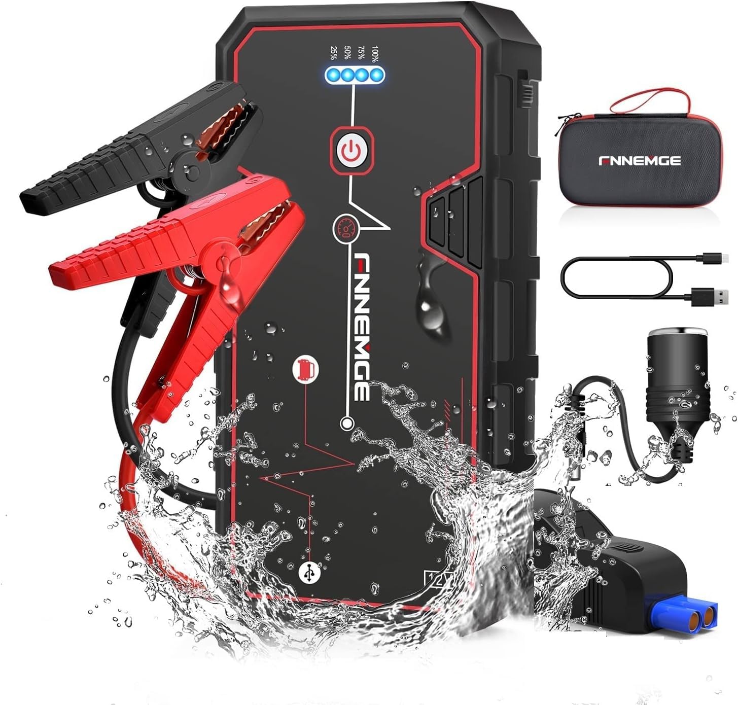استارتر جاپ خودرو FNNEMGE 4000A Peak 21800mAh 12V با ایمنی بالا (قابلیت راه‌اندازی موتور‌های 8.0 لیتری بنزینی یا 6.5 لیتری دیزلی)، همراه با شارژر قابل حمل USB Quick Charge 3.0 Type-C. 4000A/21800mAh