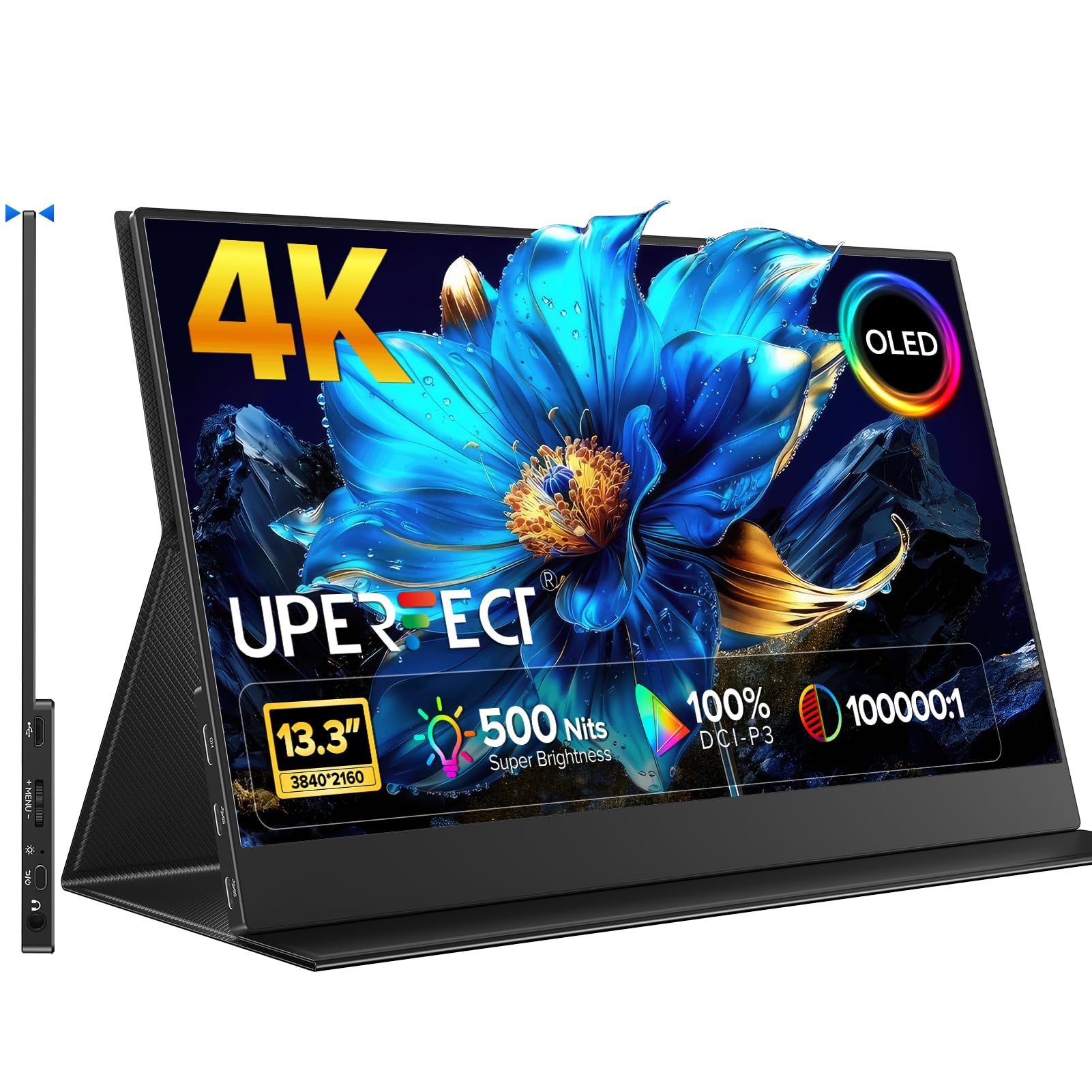 مانیتور قابل‌حمل UPERFECT 4K OLED، نمایشگر لپ‌تاپ 13.3 اینچ UHD 3840x2160، 100٪ DCI-P3، 500 نیت، زمان پاسخ 1 میلی‌ثانیه، طراحی آلومینیومی فوق‌العاده نازک، مانیتور مسافرتی USB-C و HDMI برای کامپیوتر، تلفن، کنسول بازی 13.3 اینچ 4K 60Hz OLED