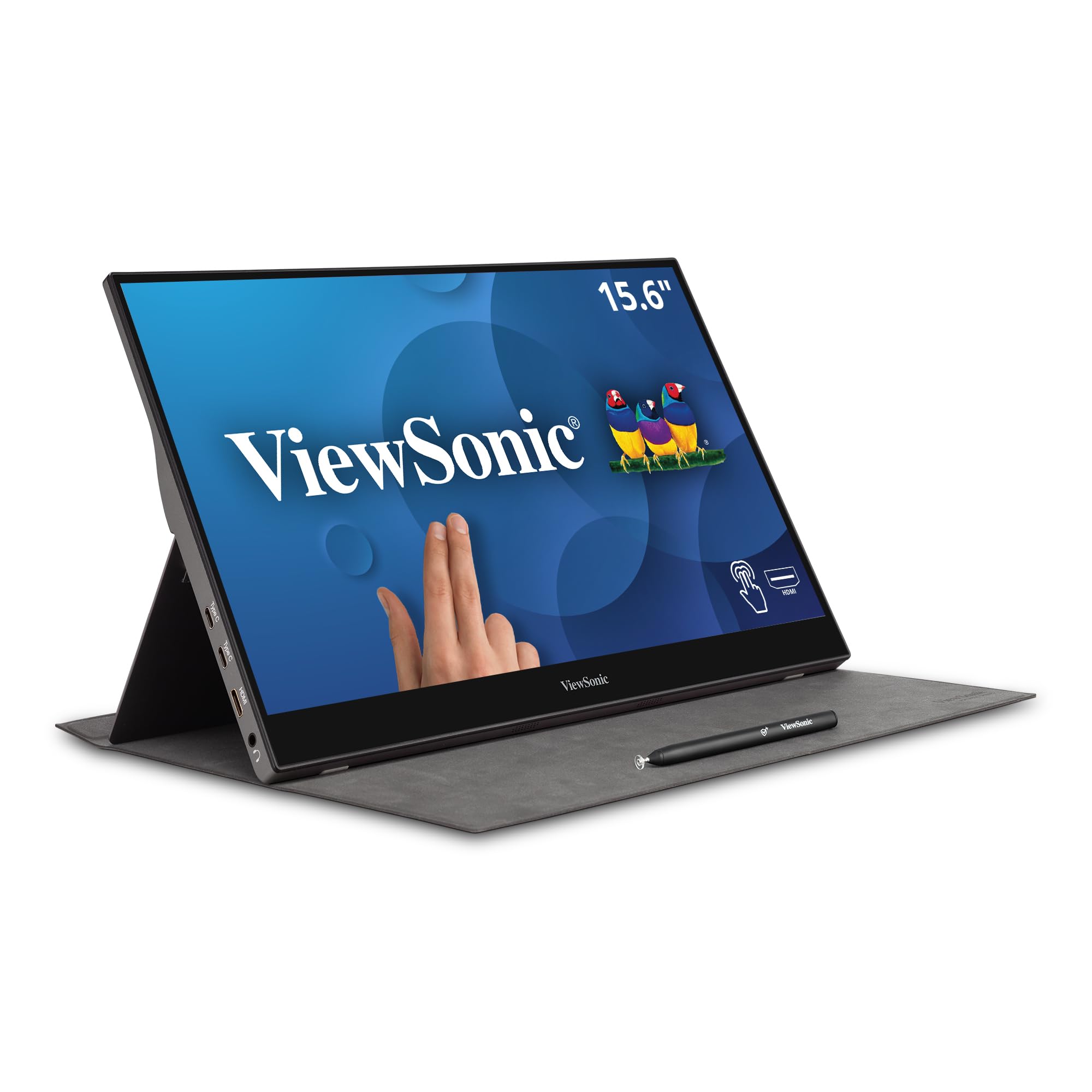 مانیتور لمسی قابل حمل ViewSonic TD1655 با صفحه نمایش Full HD 16 اینچی، دارای 2 راه برق USB C 60 وات، مراقبت از چشم، دو بلندگو، طراحی بدون حاشیه با پوشش مغناطیسی محافظ قابل حمل + صفحه نمایش لمسی