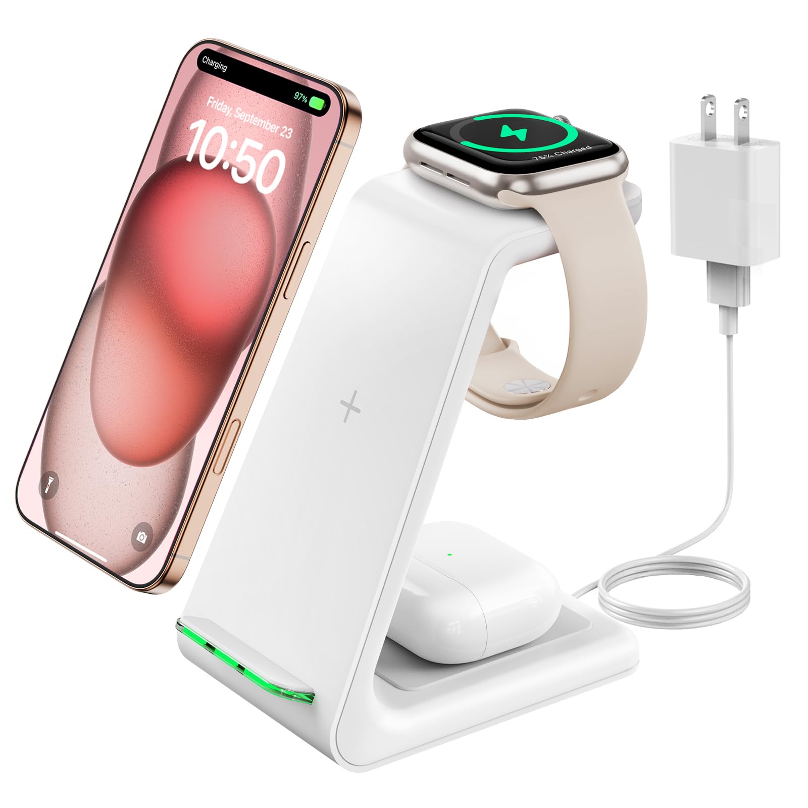 محصول شارژ بی‌سیم GEEKERA، ایستگاه شارژر بی‌سیم 3 در 1 PATIOSNAP برای اپل واچ 6 SE 5 4 3 2، ایرپادها 2/Pro، آیفون 12/12 Pro/12 Pro Max/ 11/11 Pro/X، گوشی‌های Qi-Certified سفید