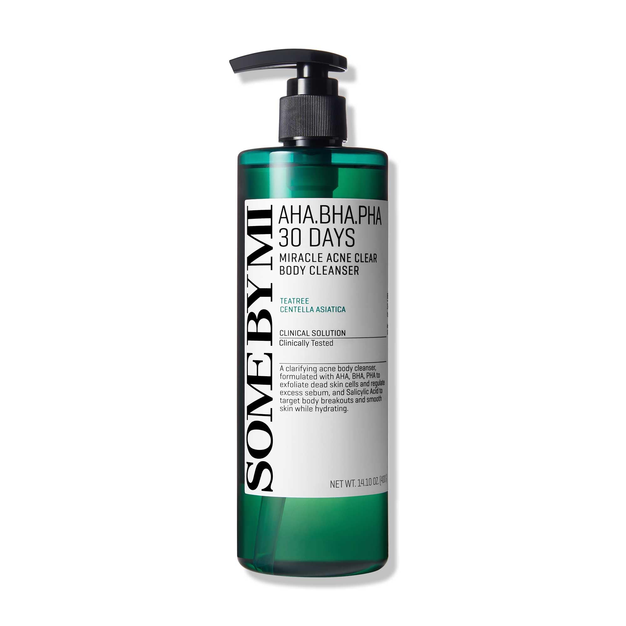 مقدار کمی از Some By Mi Aha Bha Pha 30 Days Miracle Acne Clear Body Cleanser | 400ml | شستشوی روزانه بدن برای پوست‌های چرب وآکنه‌ای | تاثیر آرام‌کننده ملایم، با قدرت تمیزکردن چربی و سلول‌های مرده، بی‌عطر 400 میلی‌لیتر (بسته‌ی ۱ عدد)