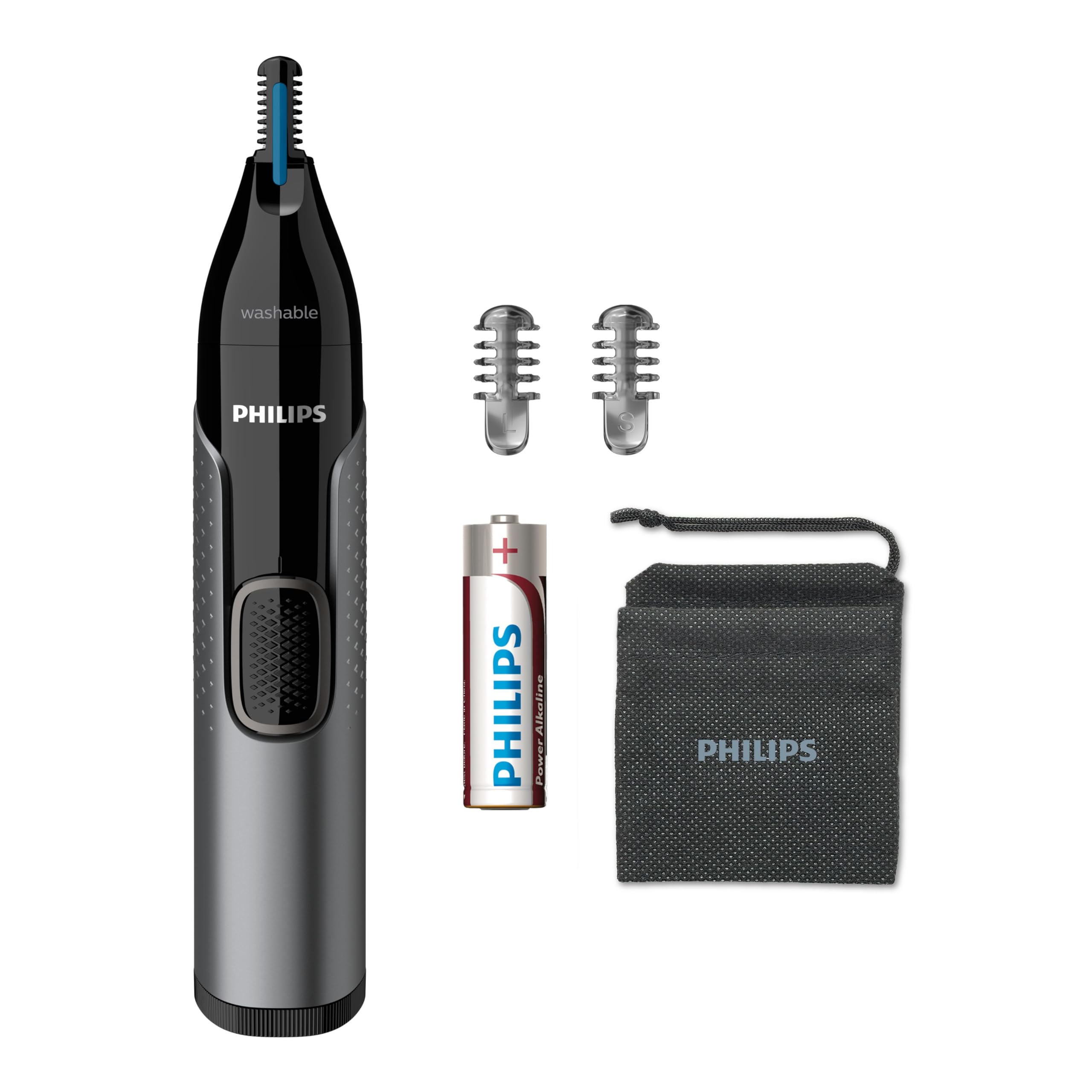 تراش موی بینی PHILIPS، سری ۳۰۰۰ برای گوش، بینی و ابرو، ضدآب با سیستم محافظتی، با باتری، بدون کشیده شدن تضمین شده NT3650/16، خاکستری