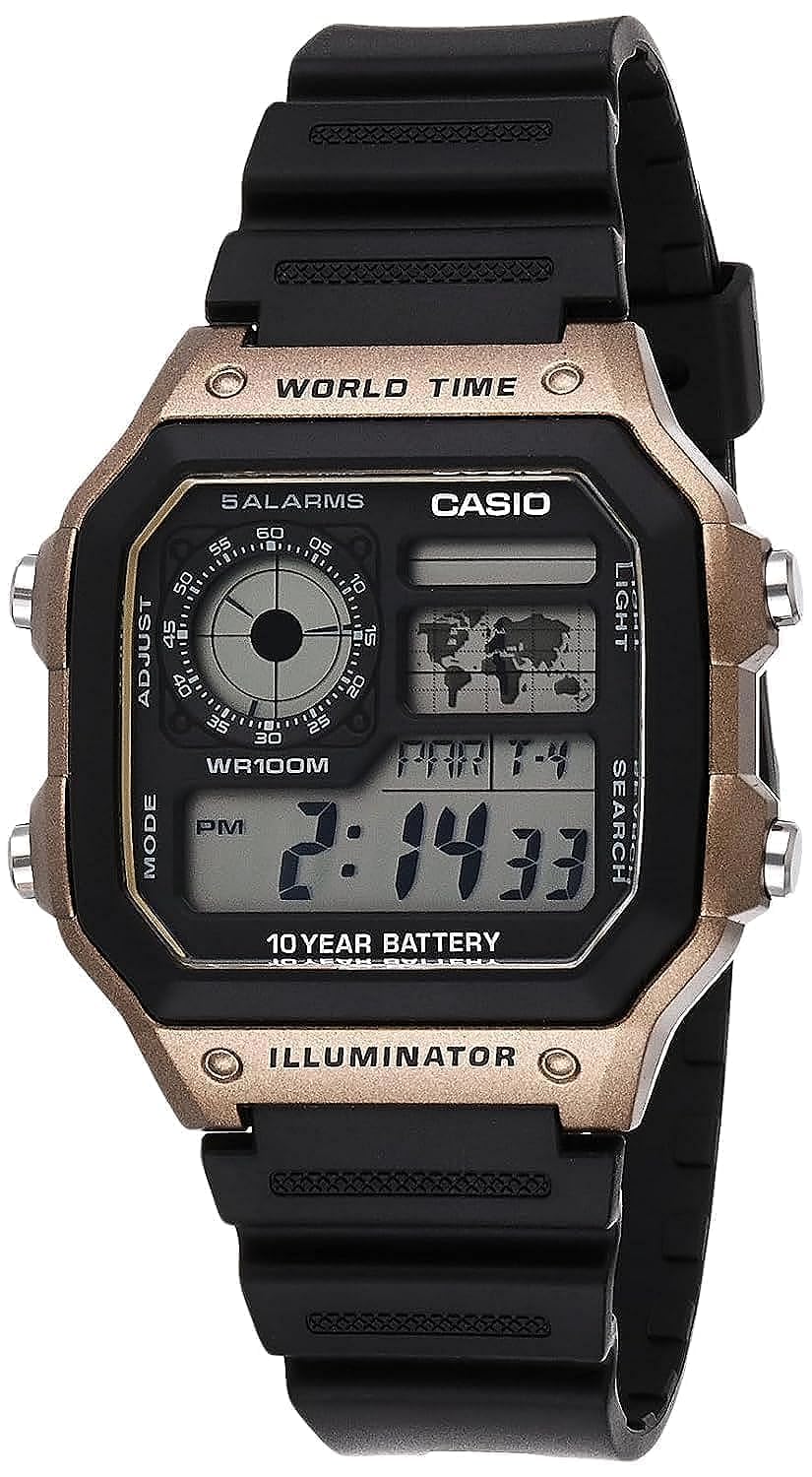 مدل ساعت دیجیتال مردانه Casio AE1200WH | ضدآب تا عمق 100 متر | چند هشدار زنگی | کرنومتر 100 ثانیه ای | تایمر معکوس | نقشه جهان برای زمان جهانی | چراغ LED | نمایش ال سی آنالوگ | باطری 10 ساله | ساعت کوارتز مشکی
