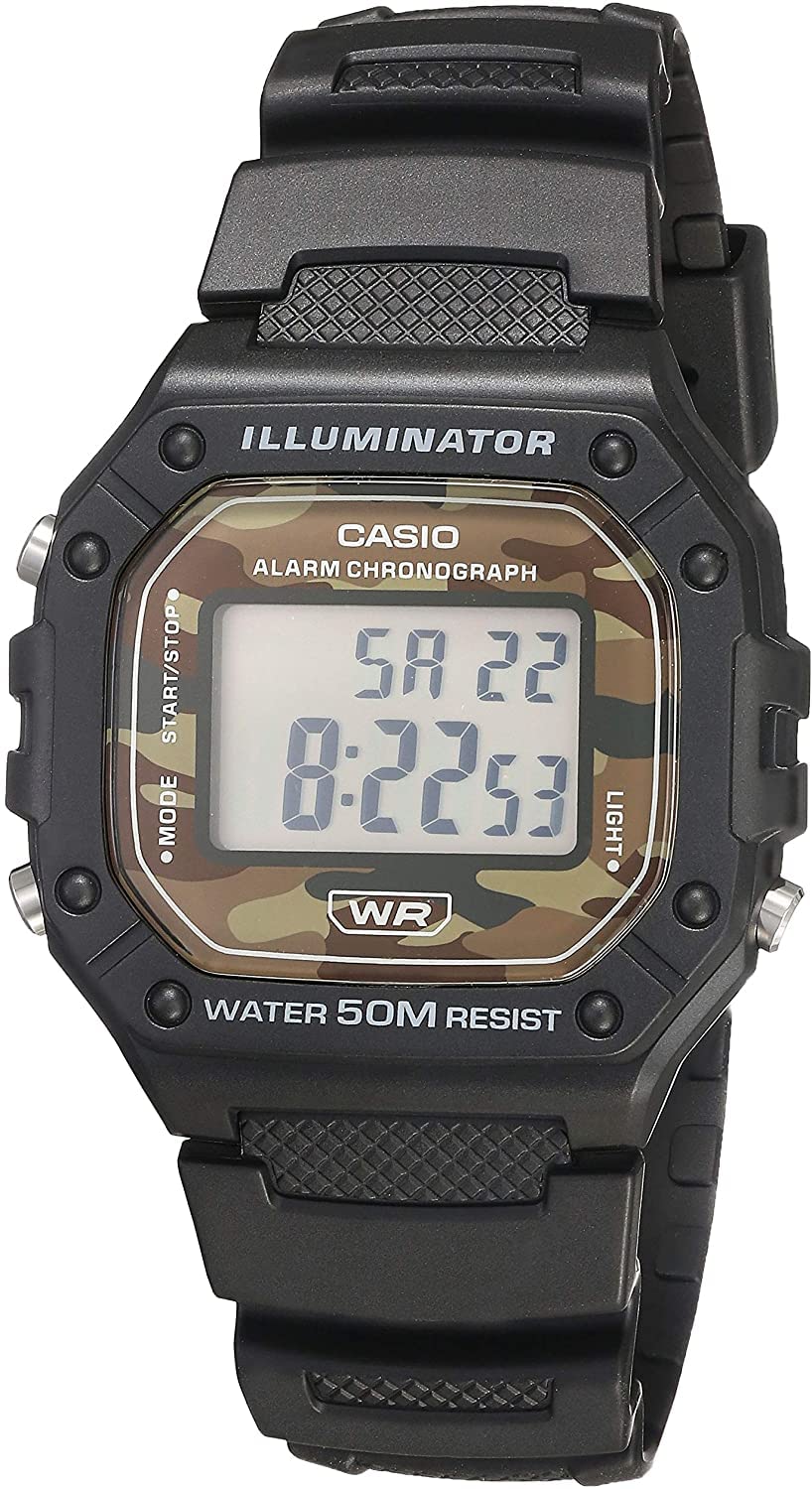 مدل Casio W218H | ساعت دیجیتال مردانه | ضد آب تا عمق ۵۰ متر | کرونومتر ۱/۱۰۰ ثانیه | کرونوگراف ۱۰۰ ثانیه | نور پس‌زمینه LED | تایمر شمارش معکوس | هشدار روزانه | سیگنال زمانی هر ساعت | باطری ۷ ساله | رنگ مشکی W-218H-5BVCF
