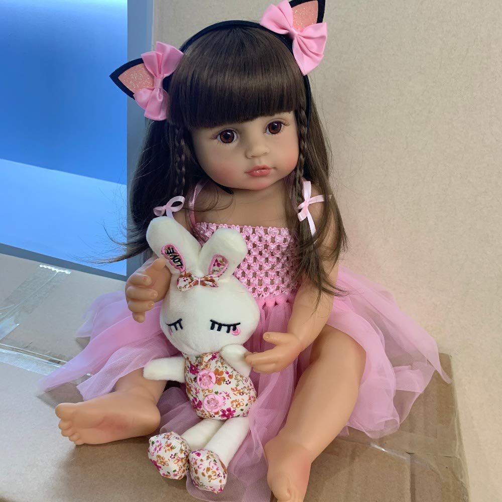 RXDOLL دوباره متولد شده عروسک بچه ها سیلیکون وینیل بدن کامل دختران 22 اینچ 55 سانتی‌متر کودکان نوزاد شاهزاده ها ضد آب با لباس صورتی چشمان باز برای هدایای تولد و کریسمس رنگ صورتی 2 دختر