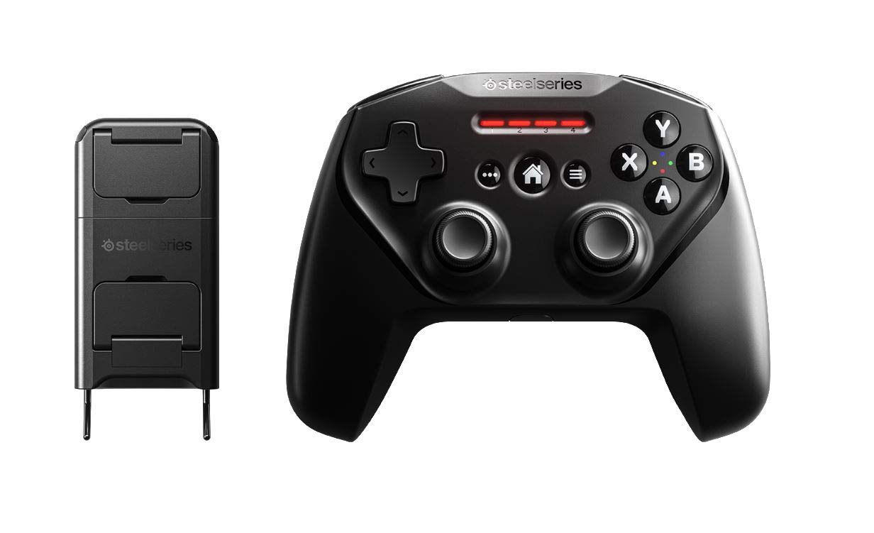 کنترلر بازی بی‌سیم SteelSeries Nimbus+ iOS - مخصوص آیفون، آی‌اواس، آیپد، اپل تی‌وی - طول عمر باتری بیش از ۵۰ ساعت - اتصال بی‌سیم مجاز اپل - دارای نگه‌دارنده آیفون - رنگ مشکی