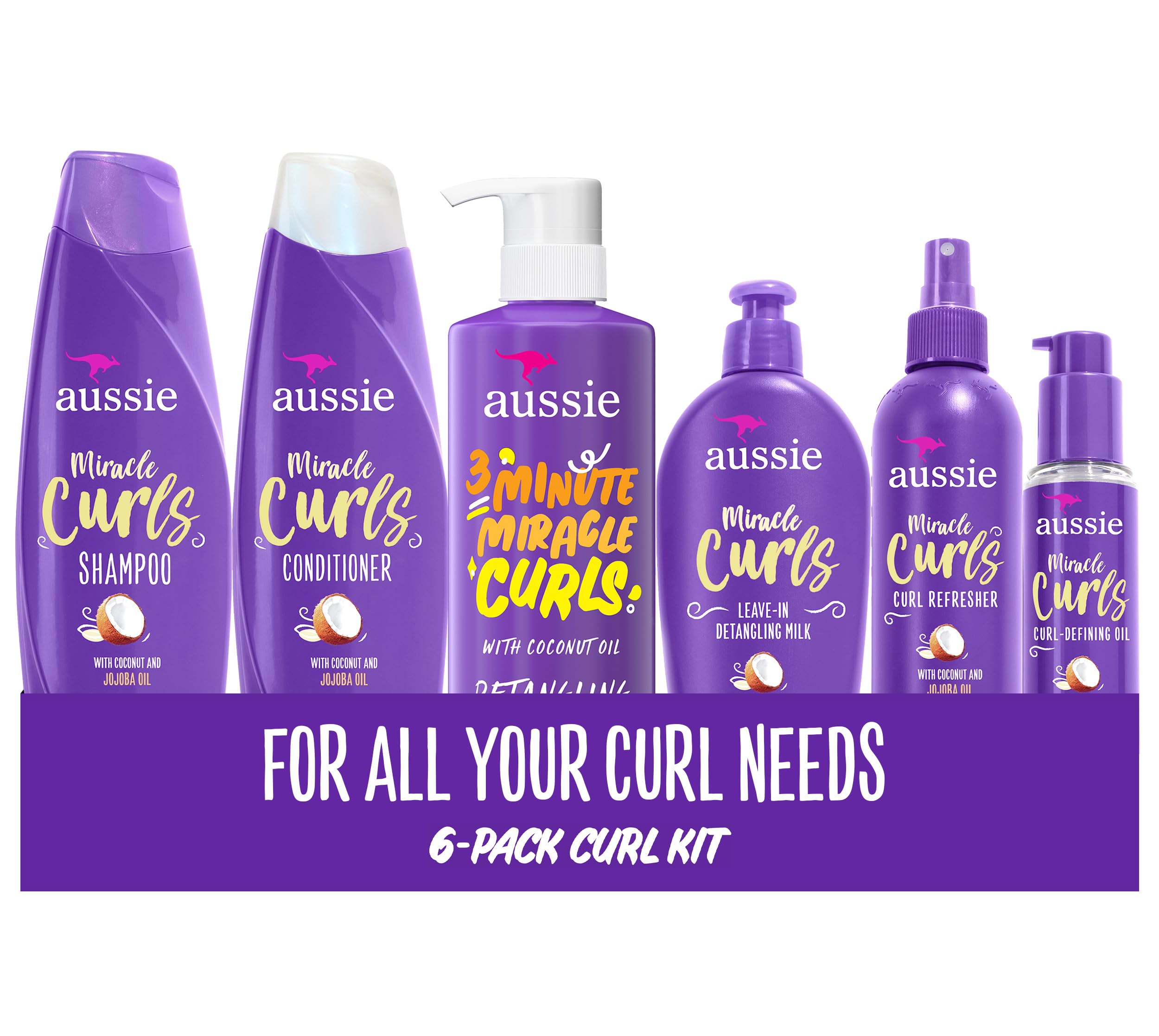 مجموعه Aussie Miracle Curls: شامپو، کاندیشنر، مرطوب کننده عمیق، ژل اسپری، شیر موهای تخ tangled و روغن درمان مو، روغن مو، کاکائوت و جوجوبا، کنترل باکتری Frizz، 6 قطعه 1650.20 میلی لیتر (بسته 1 عدد)