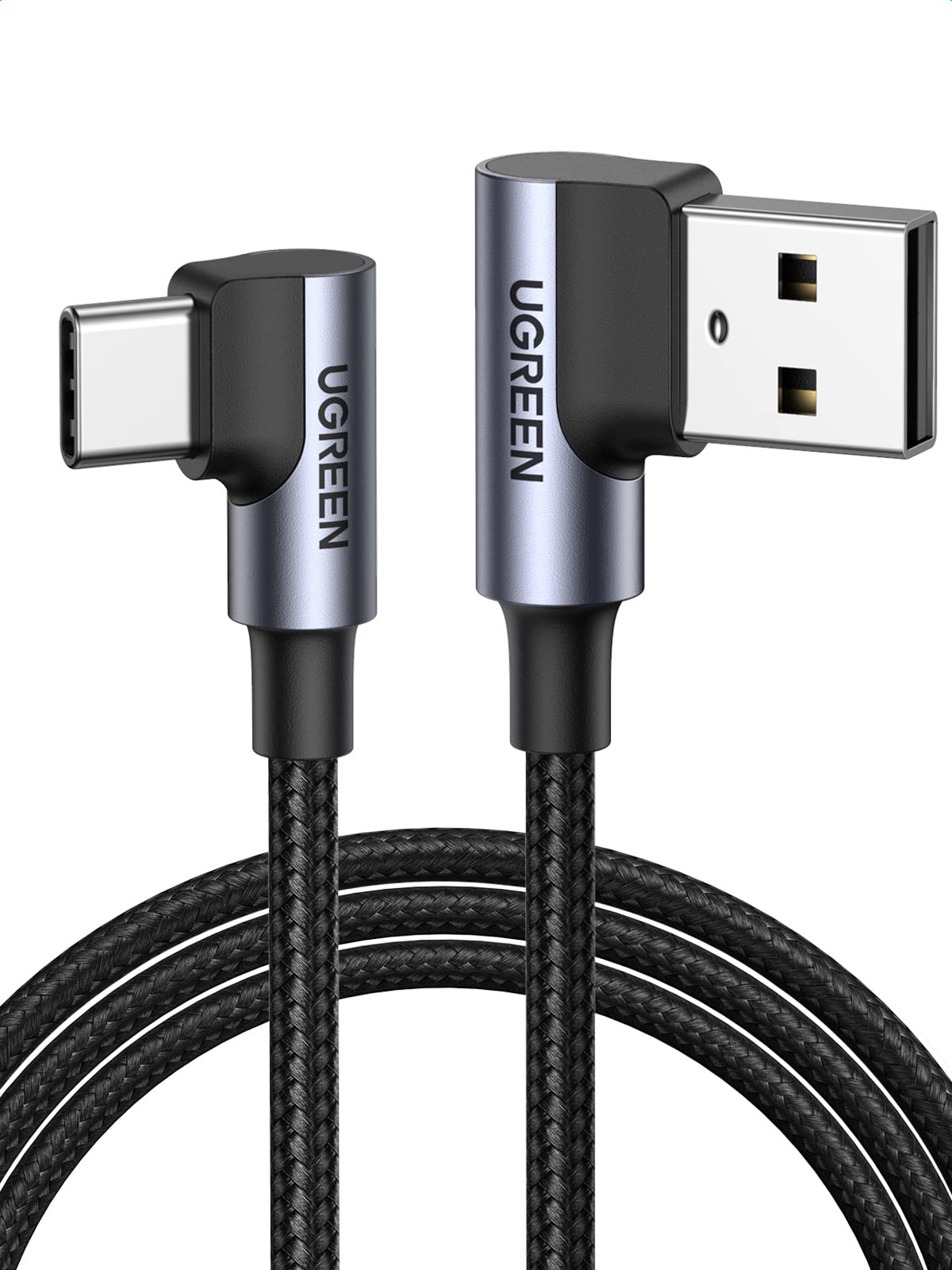 UGREEN کابل USB C زاویه 90 درجه اتصال راست 18W USB A به Type C کابل شارژ سریع سازگار برای Samsung Galaxy S24 Note20 Nintendo Switch 2018 iPad Pro iPad mini 6 Air 4 PS5 GoPro Hero 8-3M