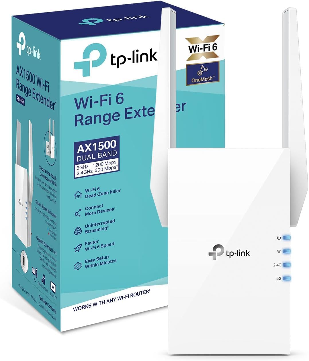Tp-Link Ax1500 Wifi Extender یا تقویت‌کننده اینترنت وایرلس، وای-فای 6. تا 1500 متر مربع و 25 دستگاه را پوشش می‌دهد، دو باند با سرعت تا 1.5 گیگابیت بر ثانیه، حالت AP با پورت گیگابیت، راه‌اندازی از طریق اپلیکیشن، سازگار با OneMesh (Re505X)
