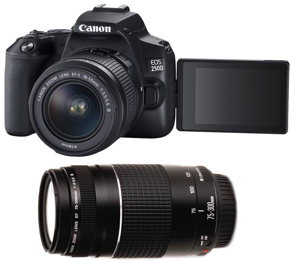 دوربین Canon EOS 250D + 18-55 mm + 75-300 mm را ترجمه کنید.