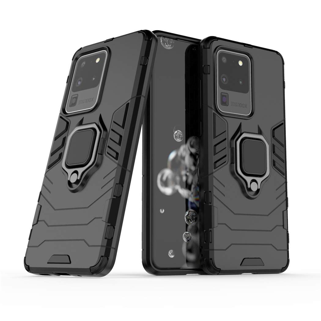 سازگار با Samsung Galaxy S20 Ultra، Galaxy S20Ultra 5G Case، مته حلقه فلزی نگهدارنده کیک‌استند بامپر (کار می‌کند با نگهدارنده مغناطیسی خودرو) کاور دو لایه‌ای محکم (سیاه)