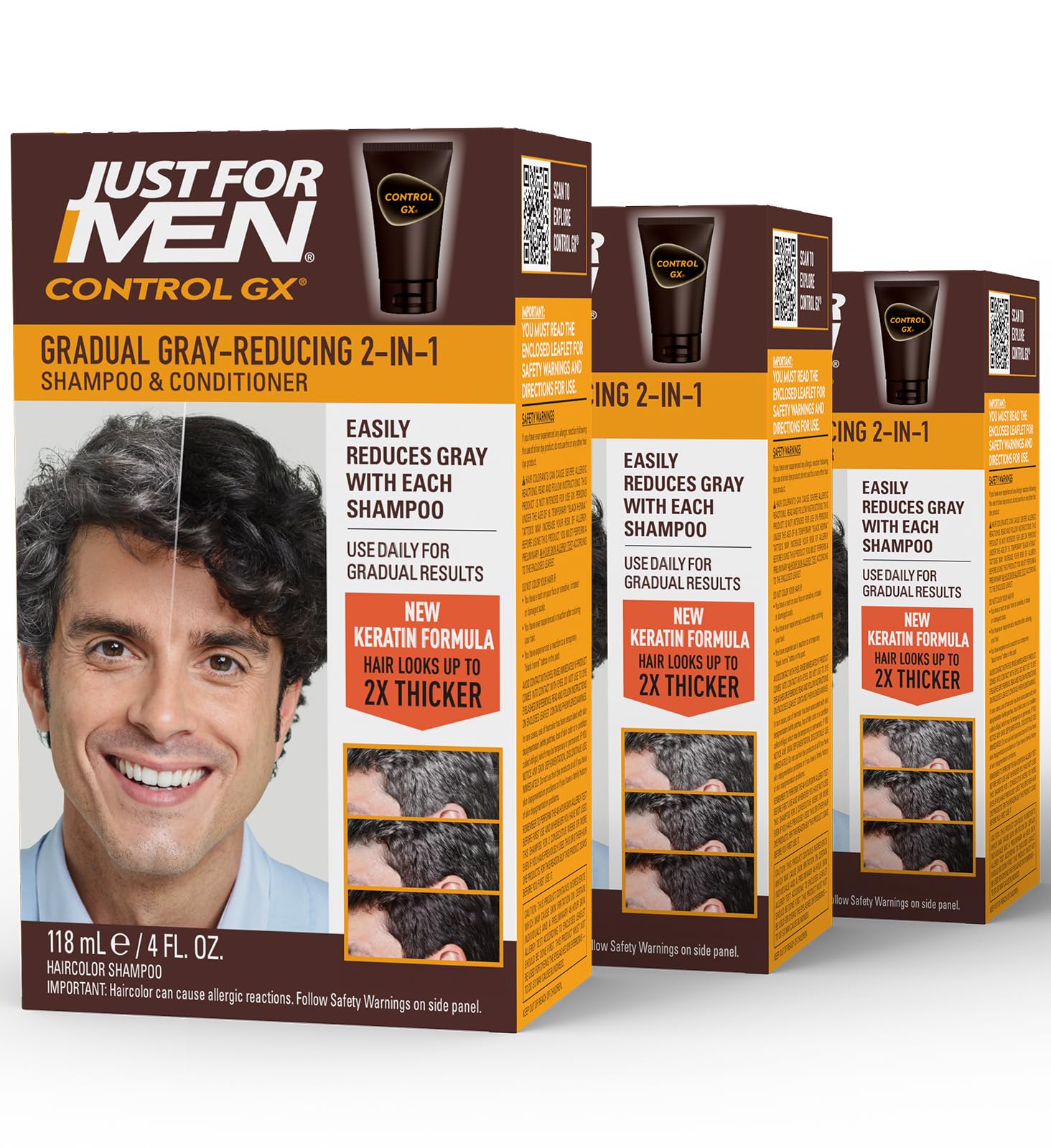 شامپو و نرم کننده 2 در 1 Just For Men Control GX برای کاهش خاکستری مو، رنگ موی تدریجی برای موهای قوی‌تر و سالم‌تر، حجم 4 اونس - بسته 3 عدد (نوع بسته‌بندی ممکن است متفاوت باشد) 120 میلی لیتر (بسته 3 عدد)