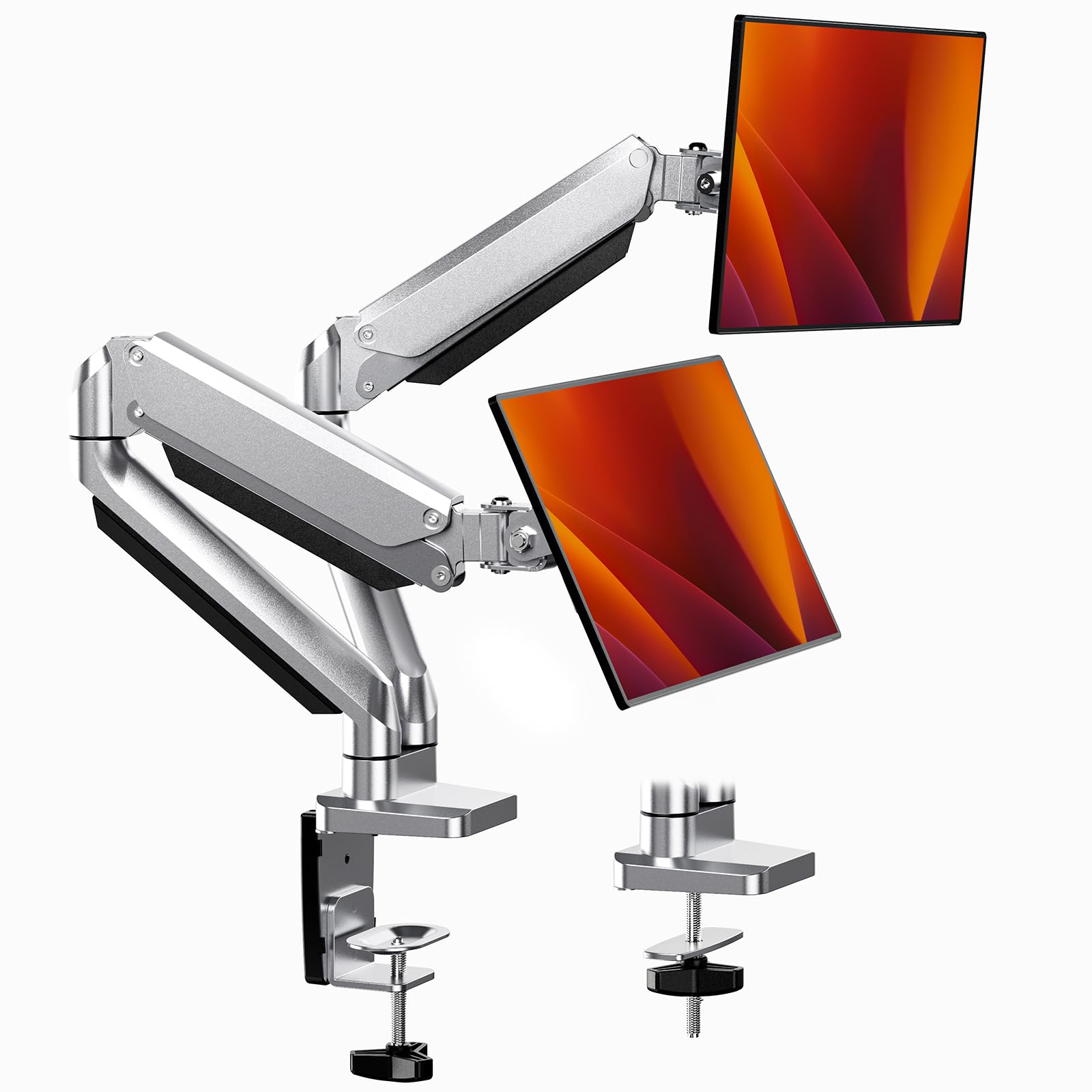 پایه دوگانه نمایشگر ErGear AWH برای صفحه نمایش‌های ۱۳-۳۲ اینچی LCD/LED با تکنولوژی حرکت کامل به راه‌اندازی گردش ۱۸۰ درجه و کج ±۴۵ درجه، طراحی ارگونومیک نصب به وسیله محکم‌کن و میله، پایه VESA 100/75 میلی‌متر